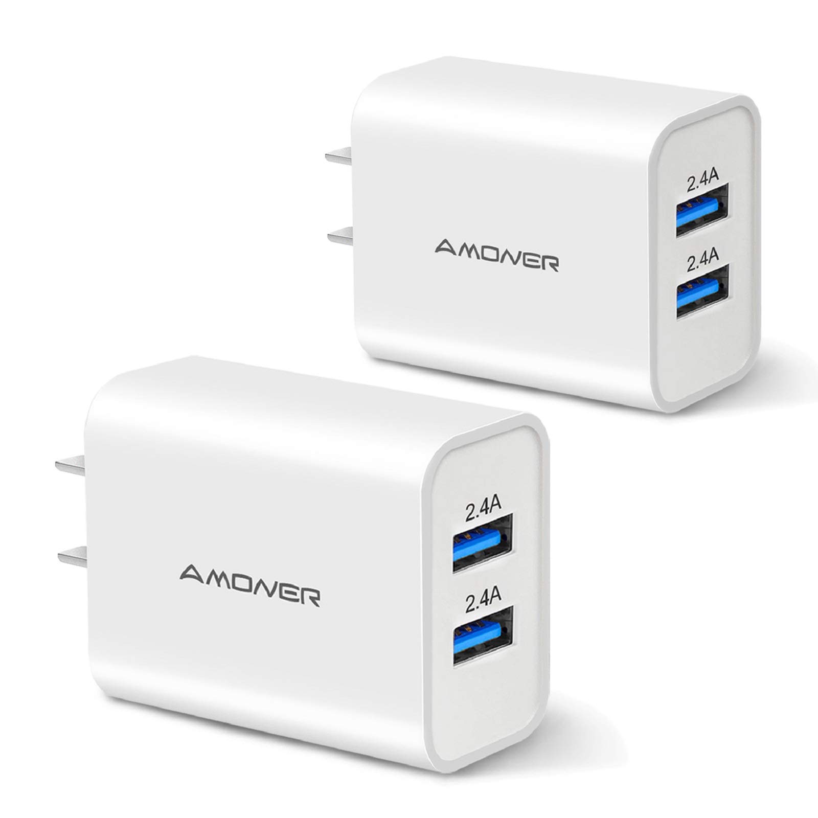 Amoner 2-Pack 24W Dual USB Wall Charger - Fast Charging Cube Adapter for iPhone 14/13/12/11/X/SE/XS/8 & Galaxy S22/S21/S20 - Compact Travel Charger for Home, Office & Car Use