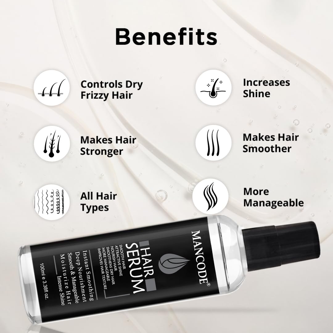 Mancode Hair Serum for Men - Instant Shine & Smoothness, Frizz-Free Soft & Silky Hair Treatment for Dry & Wet Hair - 100ml (3.38 fl oz) - Perfect for Daily Styling, Work & Special Occasions