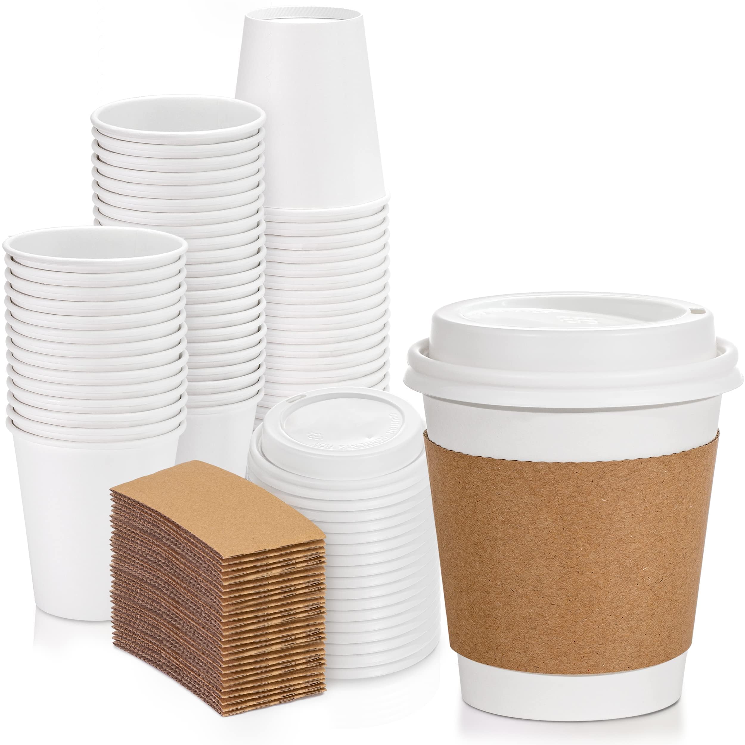 50 Pack 10 oz Disposable Coffee Cups with Lids & Sleeves - Leak-Proof To-Go Paper Cups for Hot Beverages - Ideal for Coffee Shops, Office, Catering, Parties and Home Use