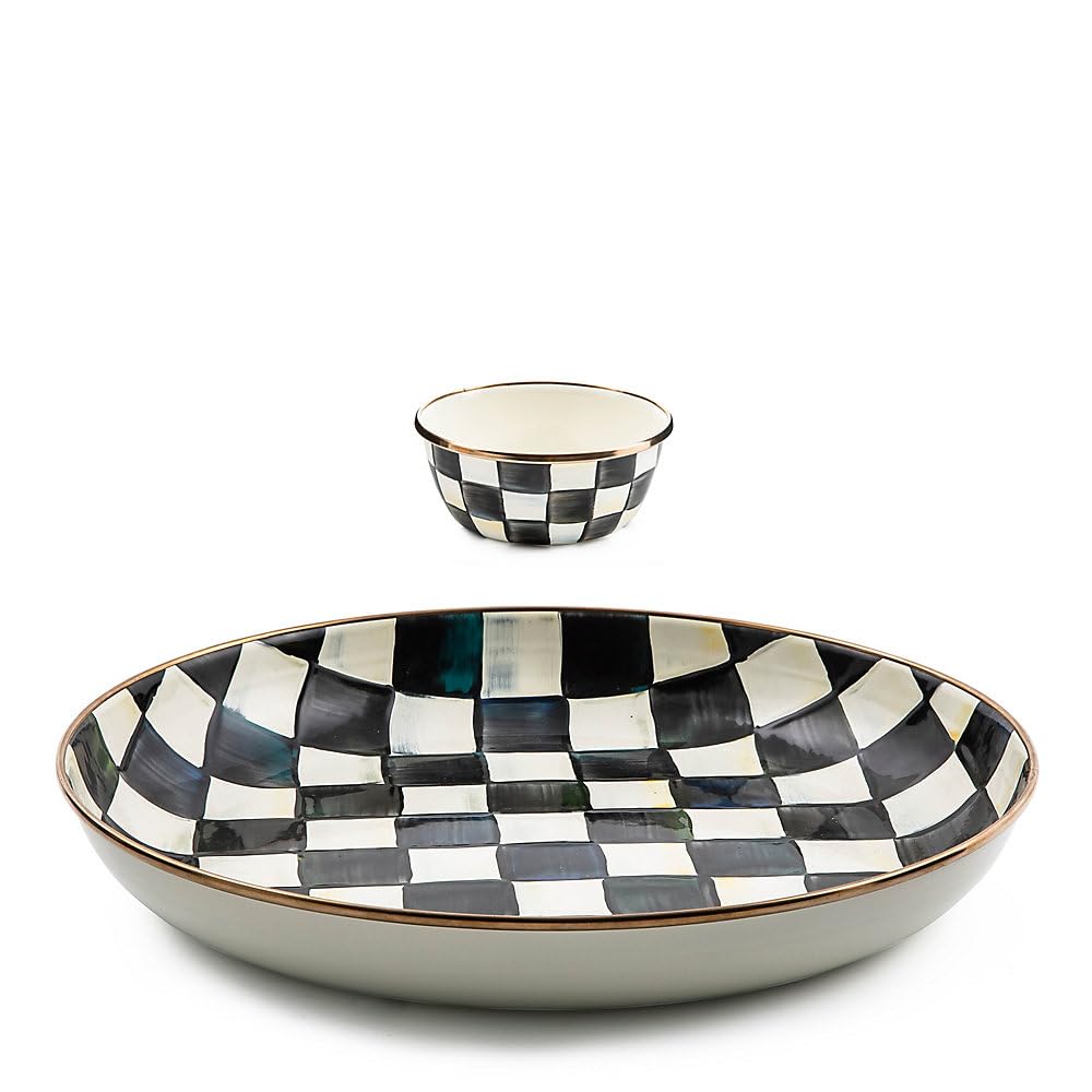 MACKENZIE CHILDS Chip and Dip Serving Set - Black and White Courtly Check Abundant Bowl with Pinch Bowl - Elegant Appetizer Platter for Parties, Entertaining & Home Decor
