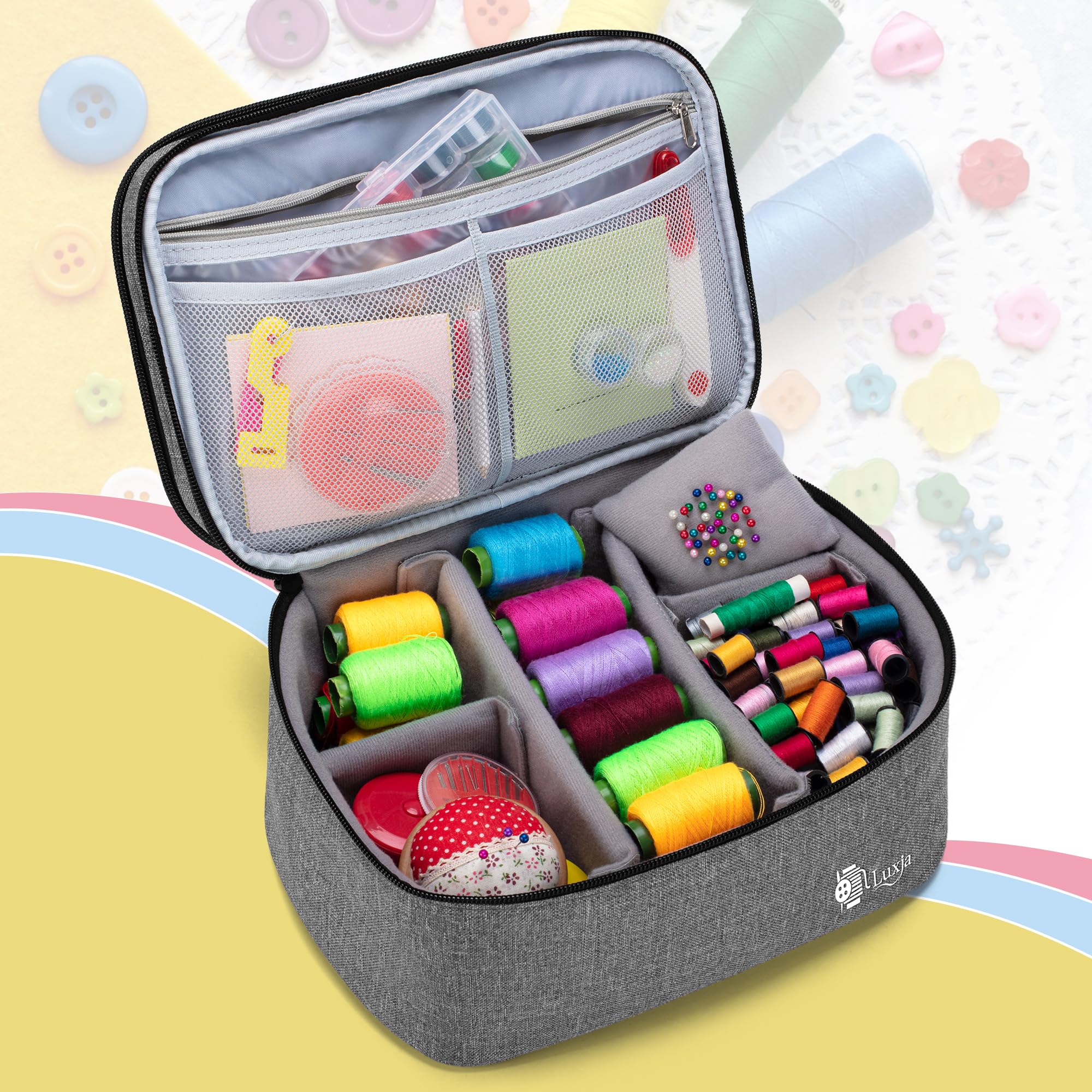 Luxja Double-Layer Sewing Accessories Organizer - Large Gray Storage Case for Needles, Thread, Scissors, Measuring Tape & Sewing Tools | Perfect for Home Sewing, Quilting, Craft Projects & Travel