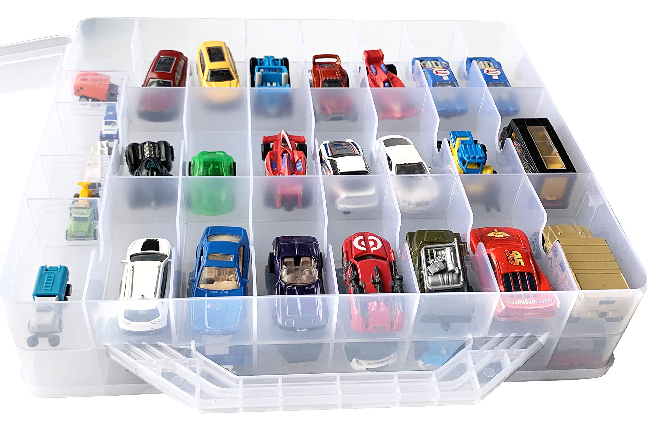 BPA-Free Double Sided Toy Storage Container with 48 Compartments - Compatible with Mini Toys, Small Dolls, Hot Wheels & Crafts - Portable Organizer Case for Kids Toys, Dolls & Collectibles - Perfect for Playrooms, Daycare Centers & Travel (Clear)