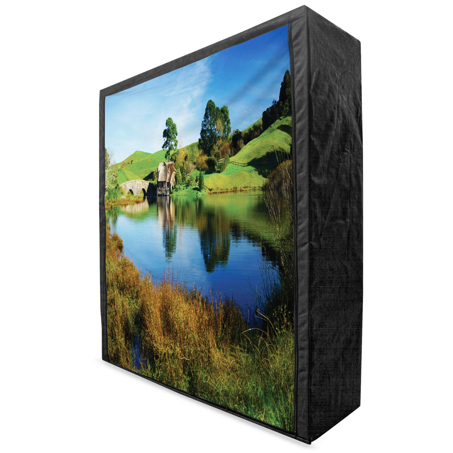Ambesonne Portable Fabric Wardrobe - Hobbit-Inspired Lake Village Design with Stone Bridge, 59