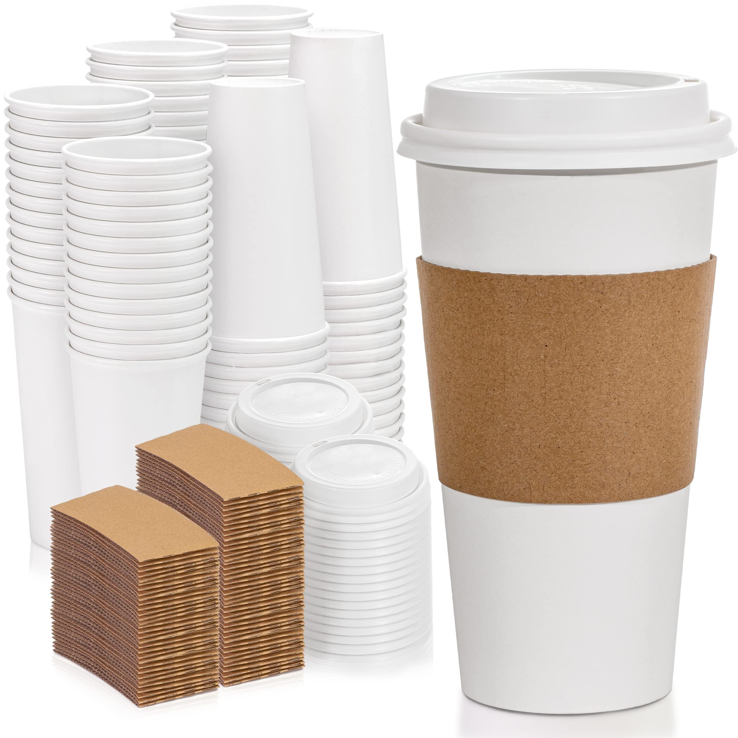 500 Pack 20 oz Disposable Coffee Cups with Lids & Sleeves - Leak-Proof Hot Paper Cups for Meal Prep, Office, Parties & Business - Durable To-Go Coffee Cups for Home, Work & Catering Events