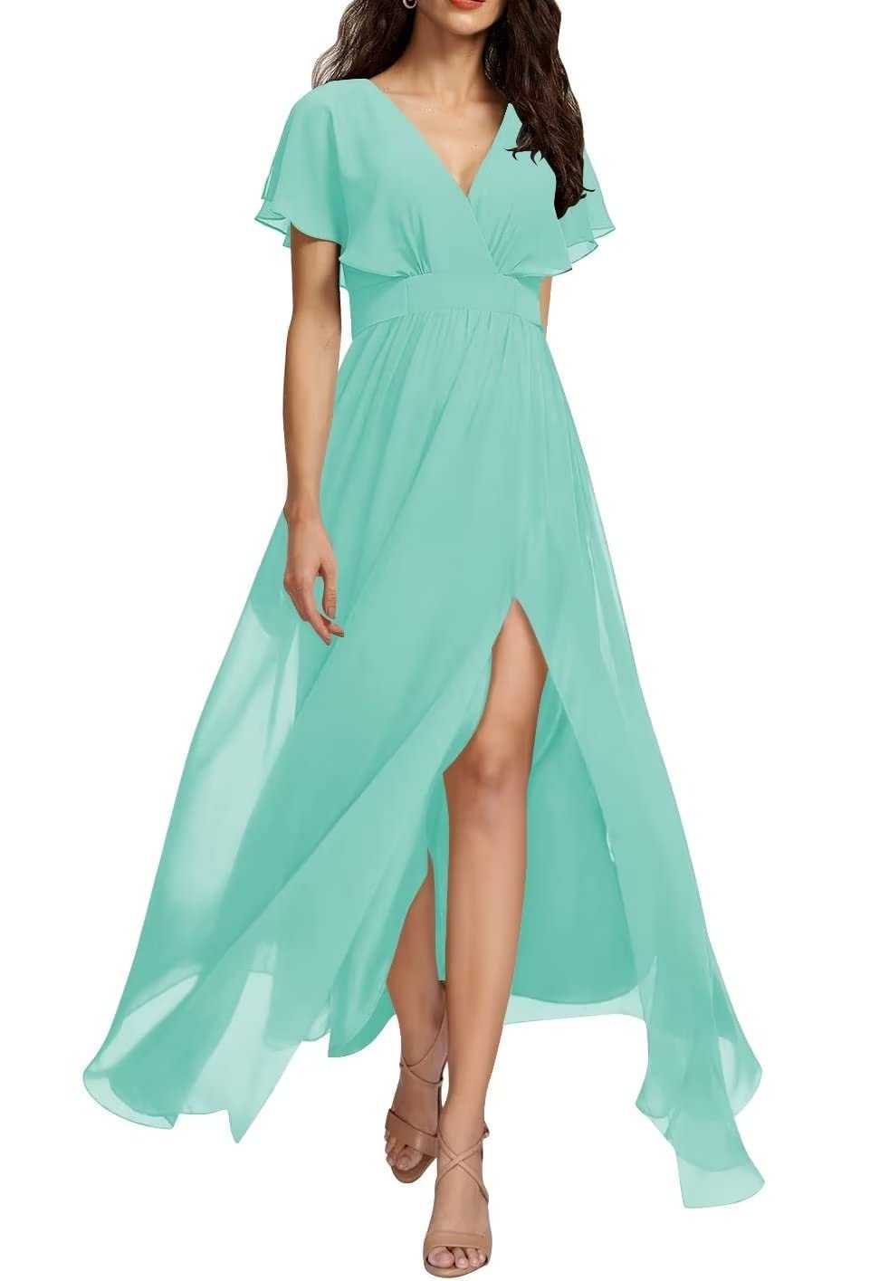 Elegant Turquoise Chiffon Bridesmaid Dresses with Pockets & Ruffled Sleeves - Long Formal Gown with Side Slit for Weddings, Parties & Special Occasions (2022 Collection, Size 12)