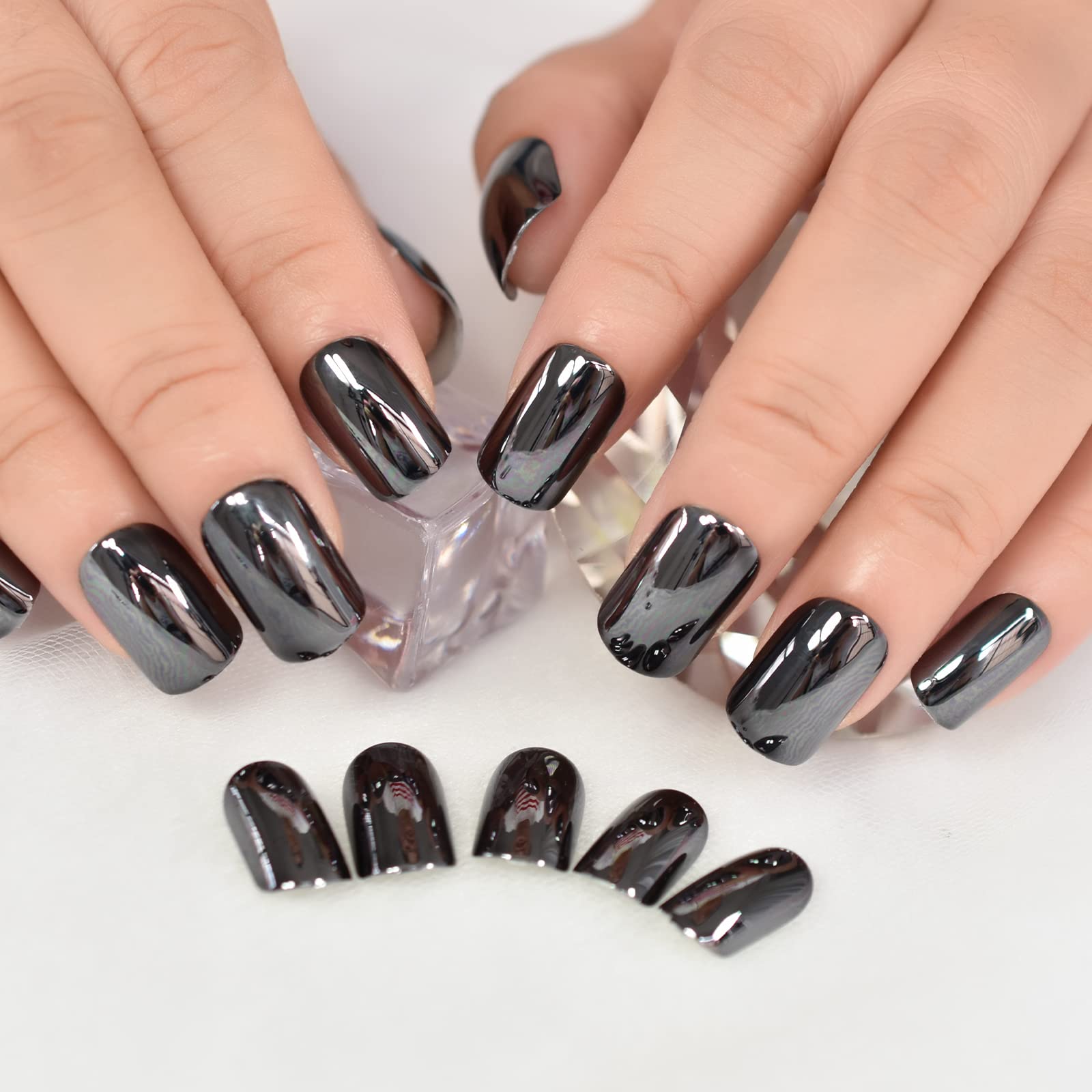 Classic Dark Gray Black Glossy False Nails - Reflective Mirror Acrylic Nail Tips for Punk Style Square Squoval Fake Nails | Perfect for Manicure, Daily Office Wear, Salon & Nail Art | Faux Ongles for Women