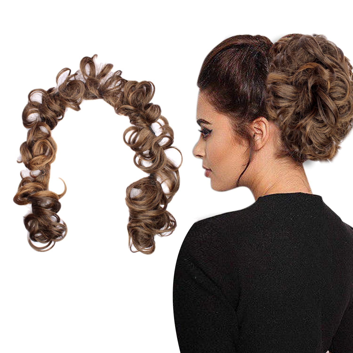 Kabello Long Hair Frill Extension for Juda Bun & Ponytail - Instant Brown Highlighted Clip-in Hairpiece for Quick Styling | Perfect for Weddings, Parties & Daily Hairstyles