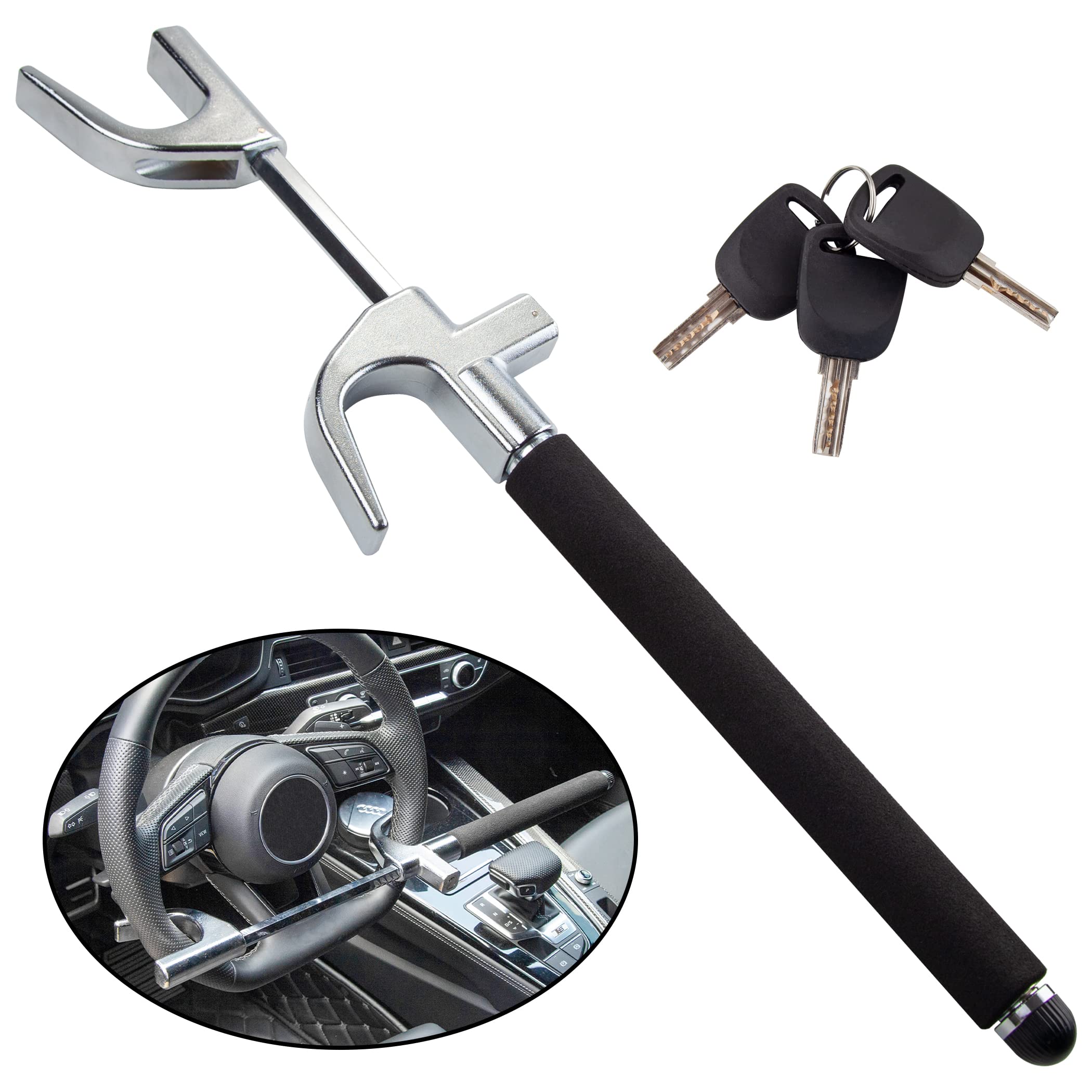 CARTMAN 3-in-1 Steering Wheel Lock - Heavy Duty Anti-Theft Car Security Device with Emergency Hammer & Window Breaker - Adjustable Length Universal Fit for Cars, Vans, SUVs - Perfect for Parking Security, Roadside Emergencies & Self-Defense