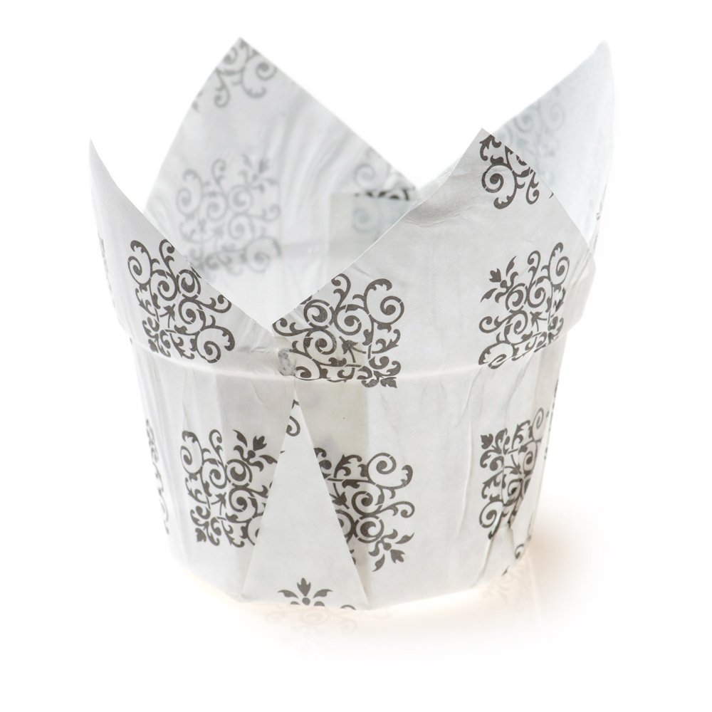 Restaurantware Panificio 1.2 Oz Baking Cups - 200 Count Tulip Cupcake Liners | Oven-Safe, Freezer-Friendly Black & White Floral Muffin Wrappers | Disposable Vintage Paper Baking Cups for Weddings, Baby Showers & Party Desserts