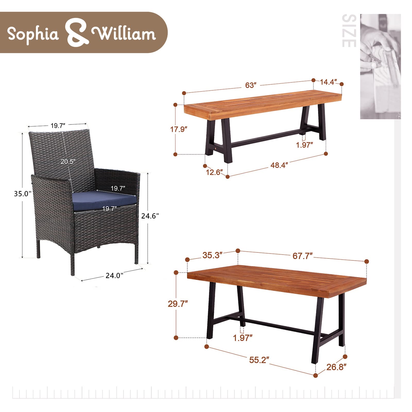 Sophia & William 6-Piece Outdoor Dining Set - 4 PE Rattan Chairs, 1 Acacia Wood Table & Bench with Cushions - Patio Furniture for Porch, Yard, Deck & Garden Entertaining