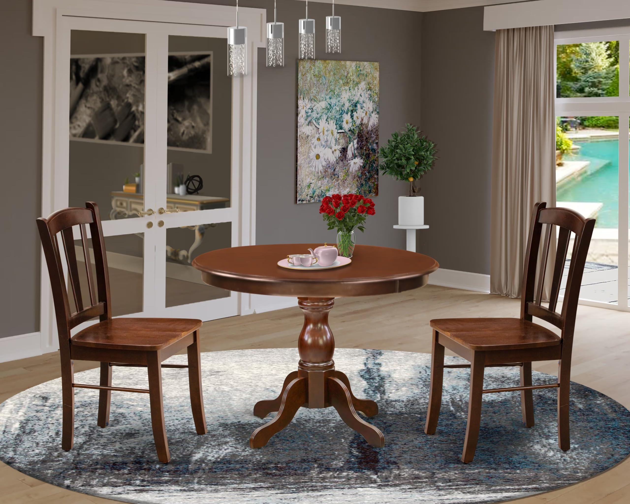 Modern 3-Piece Dining Table Set with Round Wooden Table & 2 Chairs, 42x42 Inch, Mahogany – Perfect for Small Spaces, Breakfast Nooks & Cozy Apartments