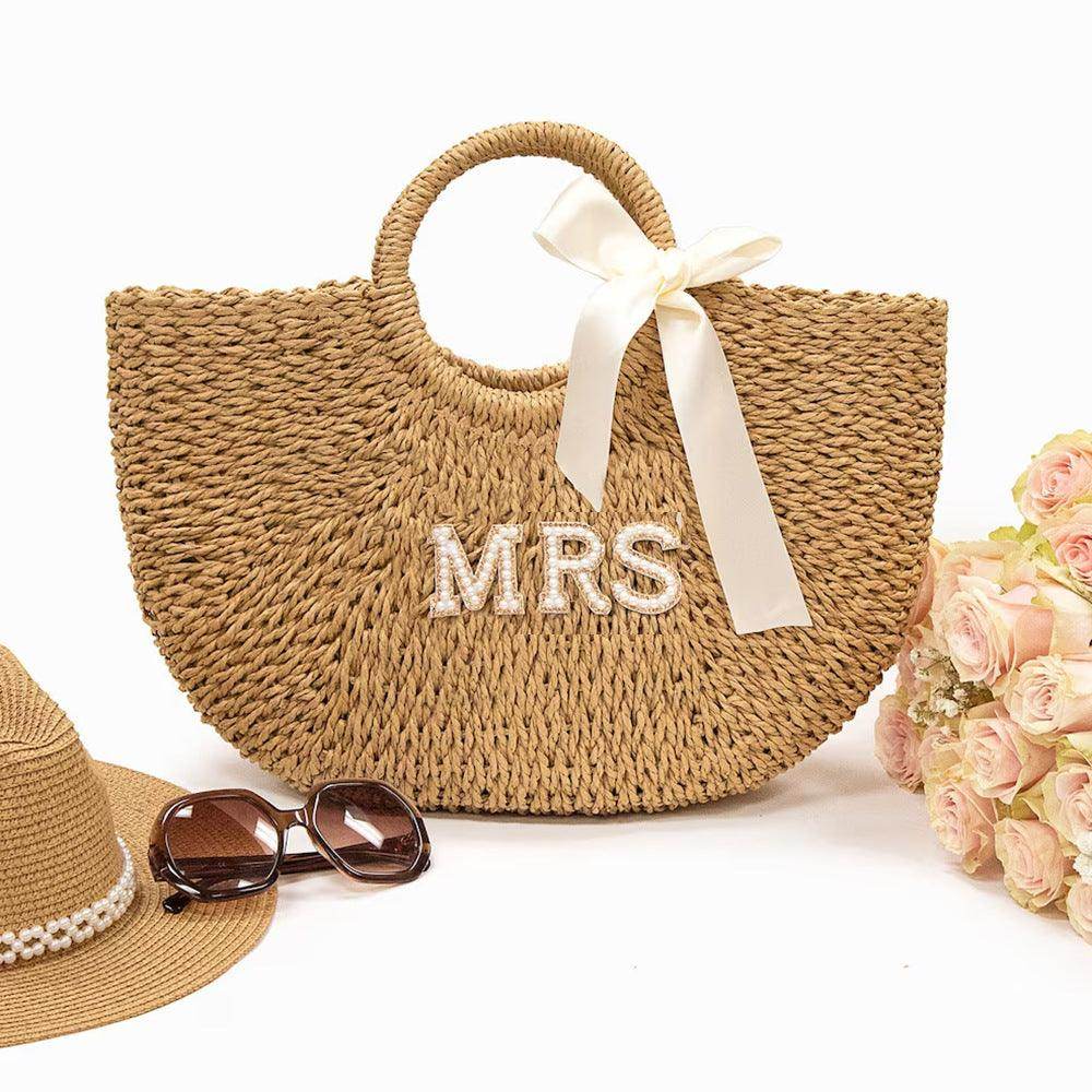 Elegant Straw Handbag for Bride & Mrs - Perfect for Weddings, Bachelorette Parties & Honeymoon Getaways | Fashionable Beach Wedding Accessory | 787587608952