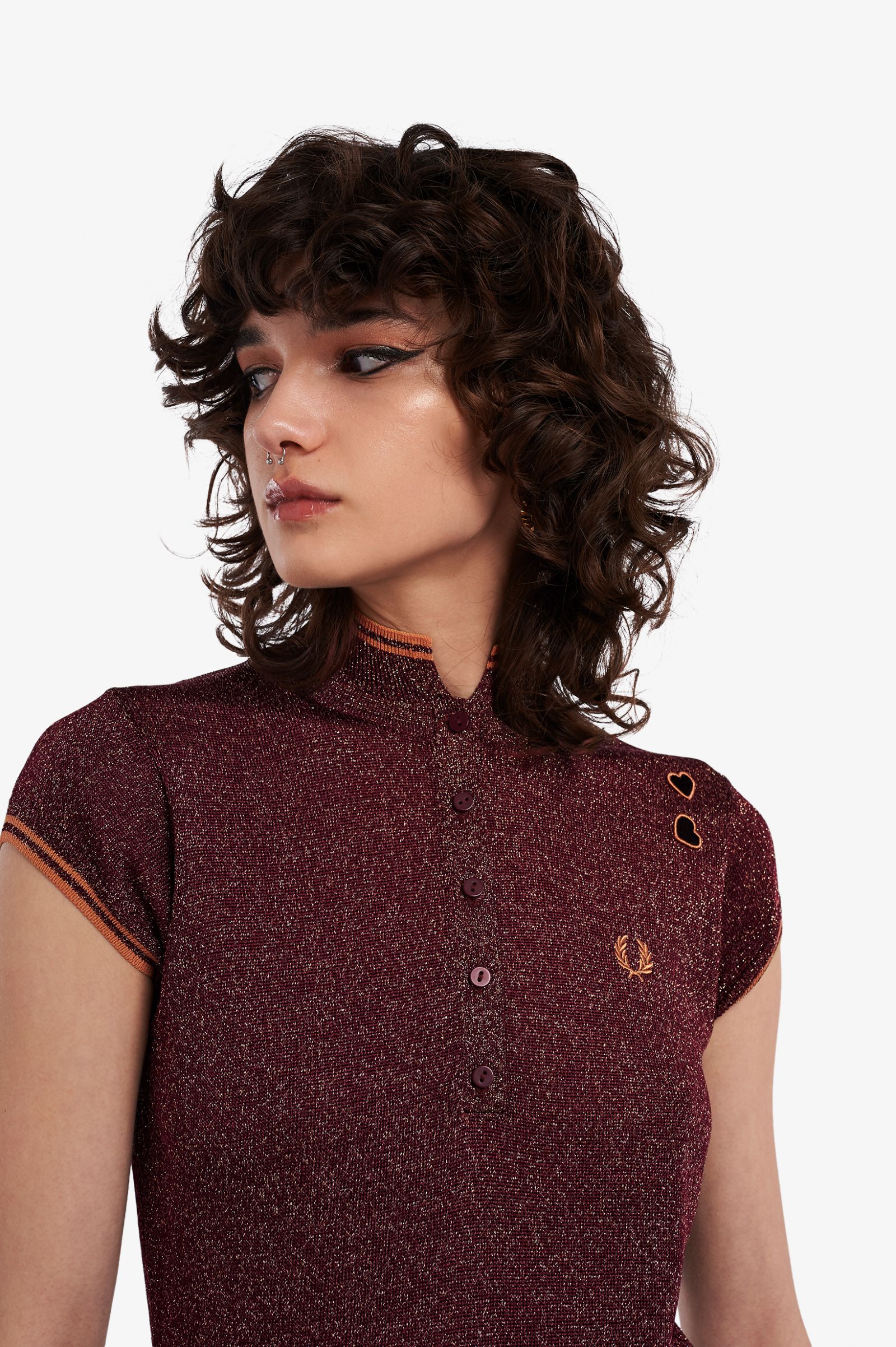 Amy Winehouse Oxblood Metallic Knitted Shirt - Vintage Inspired Women's Top for Concerts, Parties & Retro Fashion Outfits