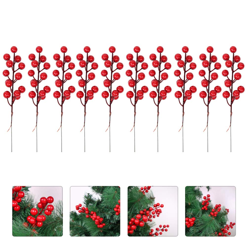 10Pcs Artificial Red Berry Stems - Faux Holly Branches for Christmas Decor, Wedding Flowers, DIY Crafts, and Home Centerpieces