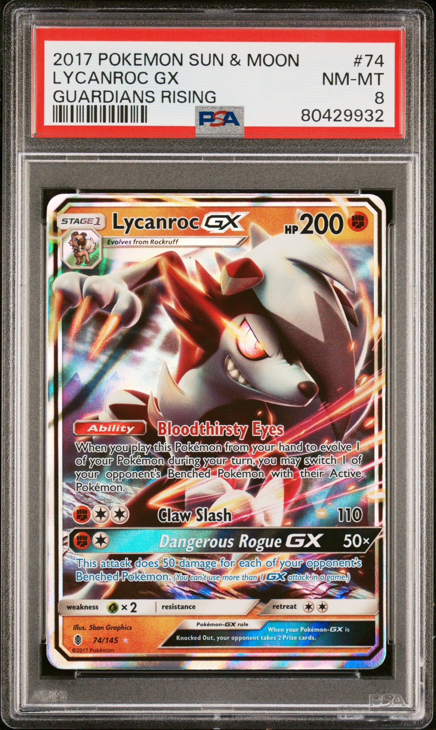 2017 Pokemon Sun & Moon Guardians Rising Lycanroc GX #74 PSA NM MT 8 - Rare Trading Card for Collectors & Competitive Play