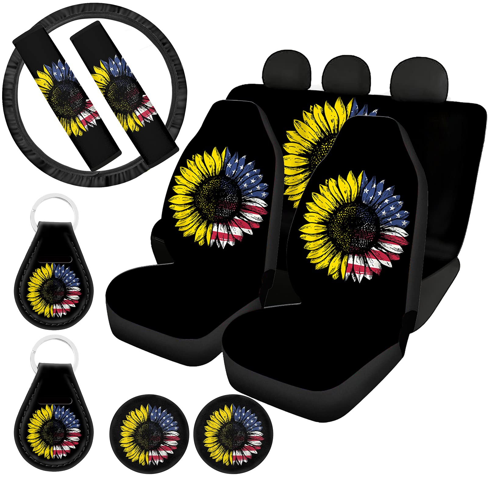 WELLFLYHOM American Flag Sunflower Car Seat Covers Full Set - Steering Wheel Cover, Seatbelt Strap Cover, Coasters & Keychains for SUV, Truck, Car | Patriotic Auto Interior Accessories for Men & Women | Perfect for 4th of July, Memorial Day & Road Trips