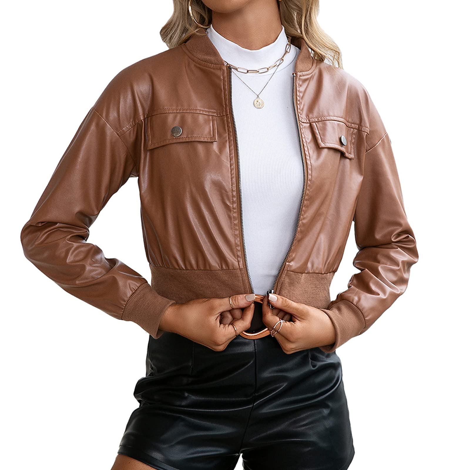 FOMOYUU Women's Faux Leather Moto Jacket - Long Sleeve Zippered Biker Coat for Casual Wear | Perfect for Motorcycle Riding, Night Out & Fall Fashion