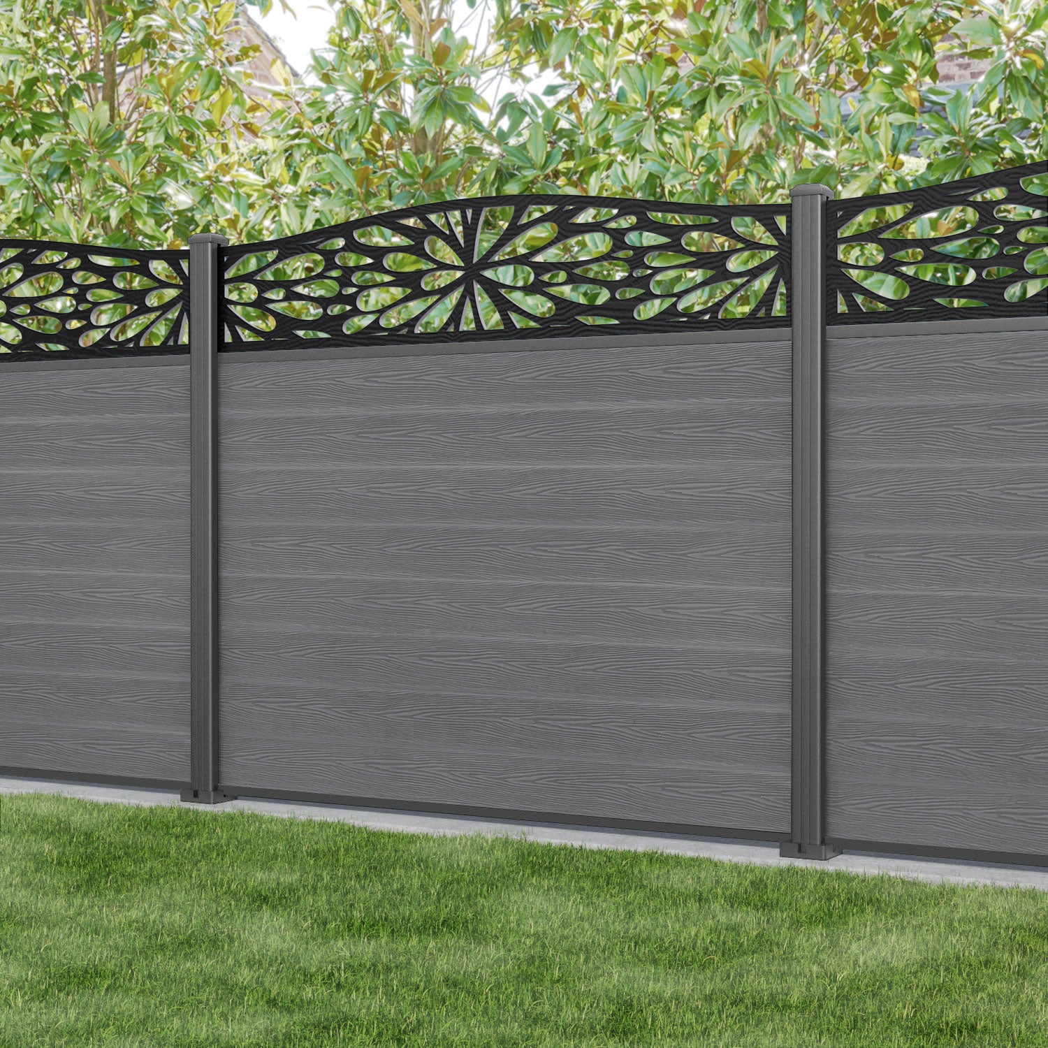 Classic Blossom Curved Top Fence Panel - Mid Grey Aluminum Garden Fence with Decorative Floral Design | Perfect for Backyard Privacy, Pool Safety & Garden Decoration