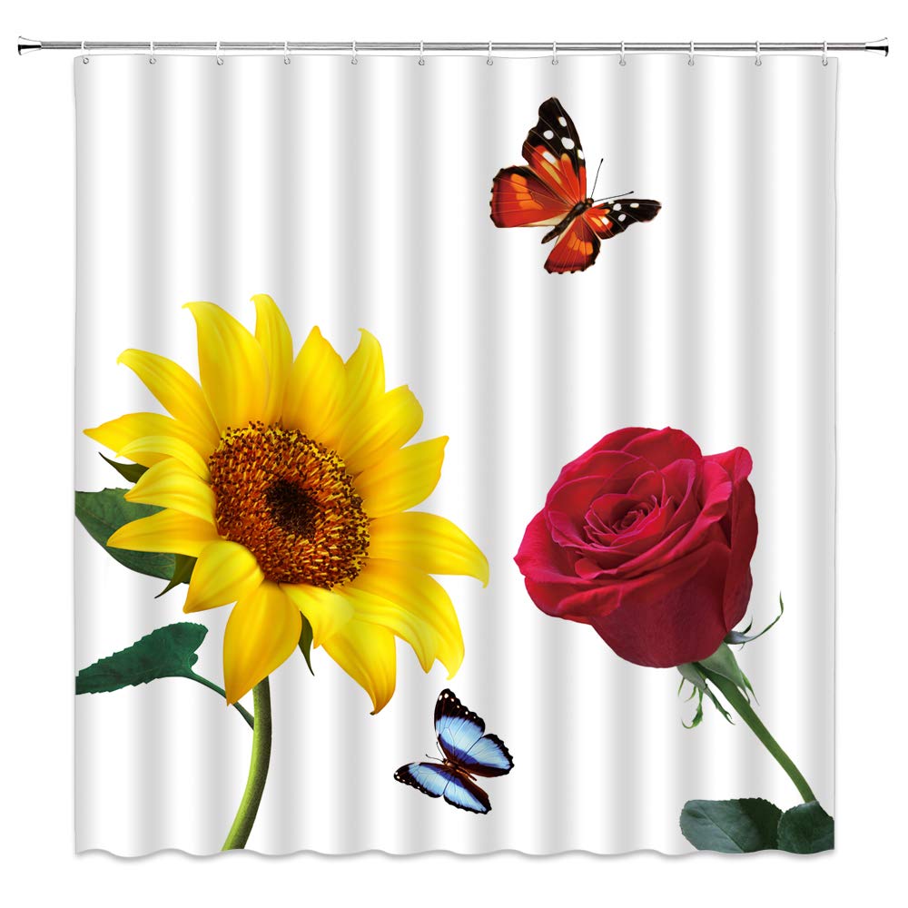 Vintage Sunflower Rose Shower Curtain - Rustic Wildflower Design with Yellow Sunflowers, Red Roses & Butterflies - Farmhouse Bathroom Decor for Spring & Summer - Includes Hooks (Red, Yellow, White) | Perfect for Country, Romantic & Nature-Themed Home Decor