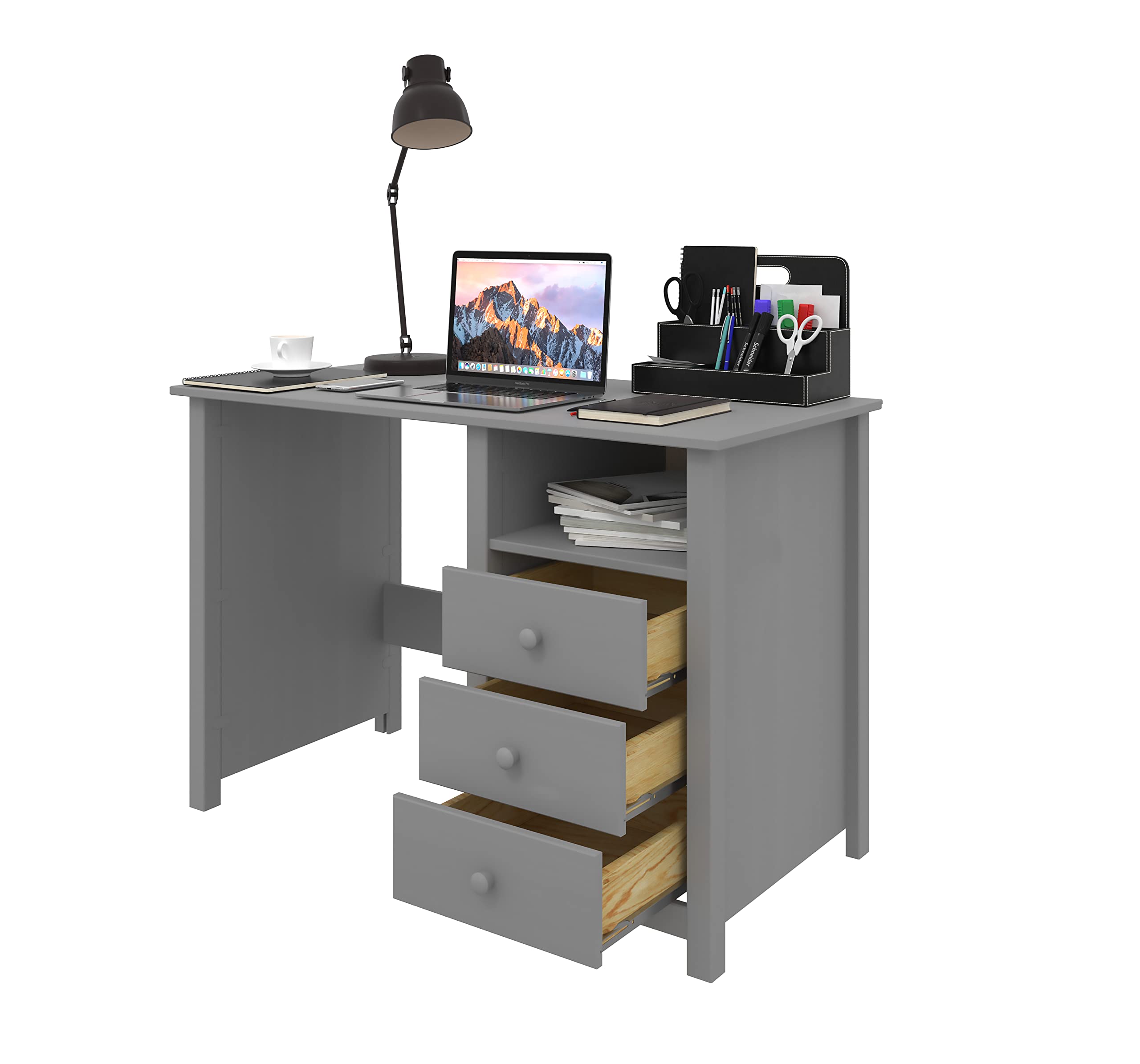 Solid Wood Grey Compact Computer Desk with Drawers - Sturdy Pine Home Office Desk with Smart Storage - Perfect for Study, Bedroom, or Small Space Workstation - Ergonomic Writing & Laptop Workspace