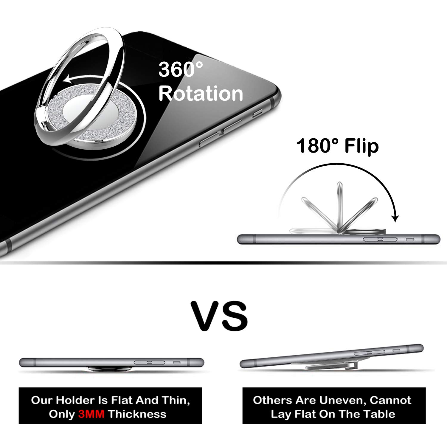 Glitter Silver Cell Phone Ring Holder Stand - 360° Rotatable Phone Grip with Strong Adhesive for iPhone, Samsung & Most Smartphones | Perfect for Selfies, Video Calls & Secure One-Handed Use