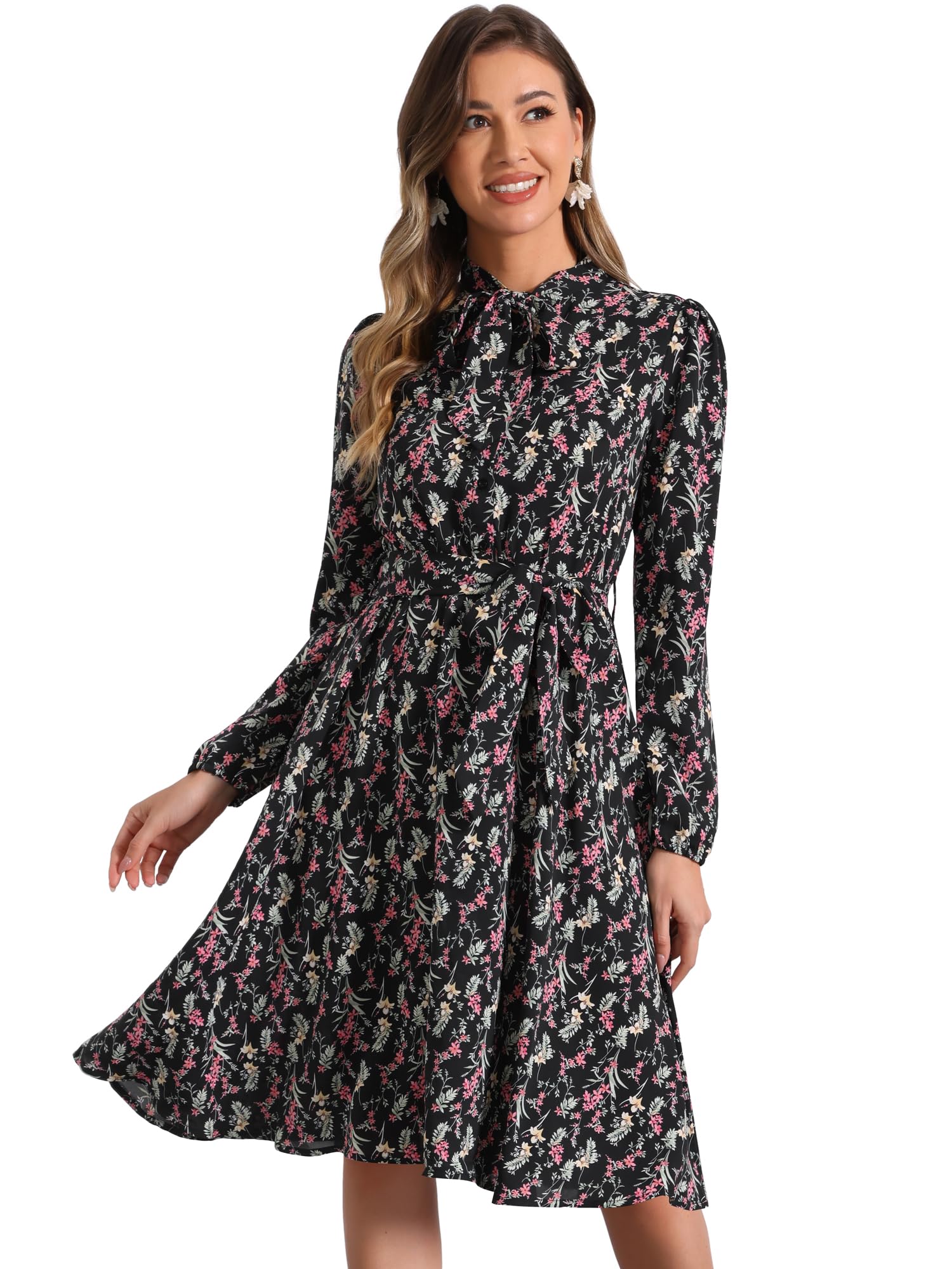 Allegra K Women's Vintage Floral Chiffon Dress with Tie Neck, Long Sleeves & Belt - Elegant Office Wear & Special Occasion Outfit