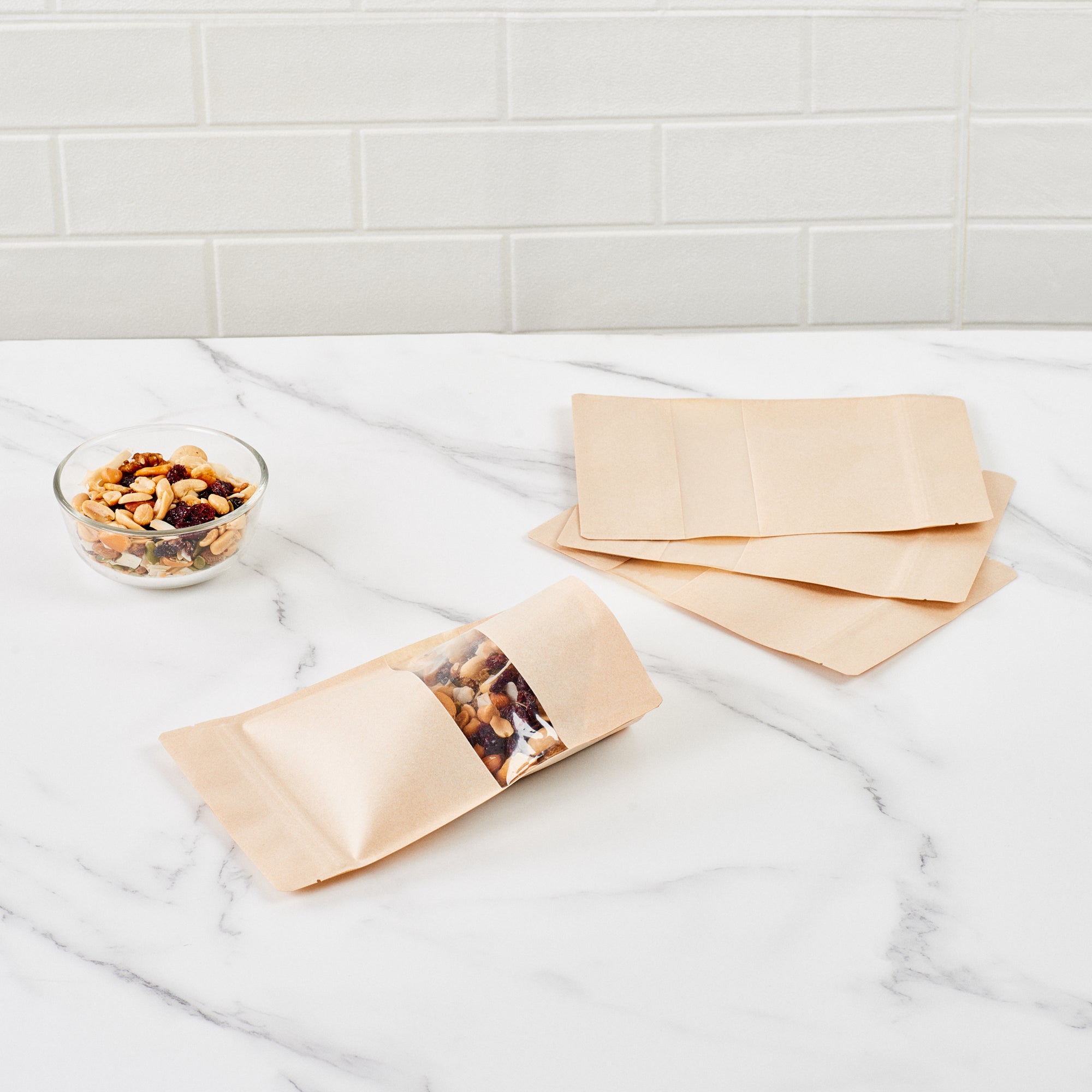 Kraft Plastic Large Window Bags with Heat Sealable Feature - 9 x 6 x 1.5 Inches - Pack of 100 - Perfect for Bakery, Coffee Beans & Retail Packaging