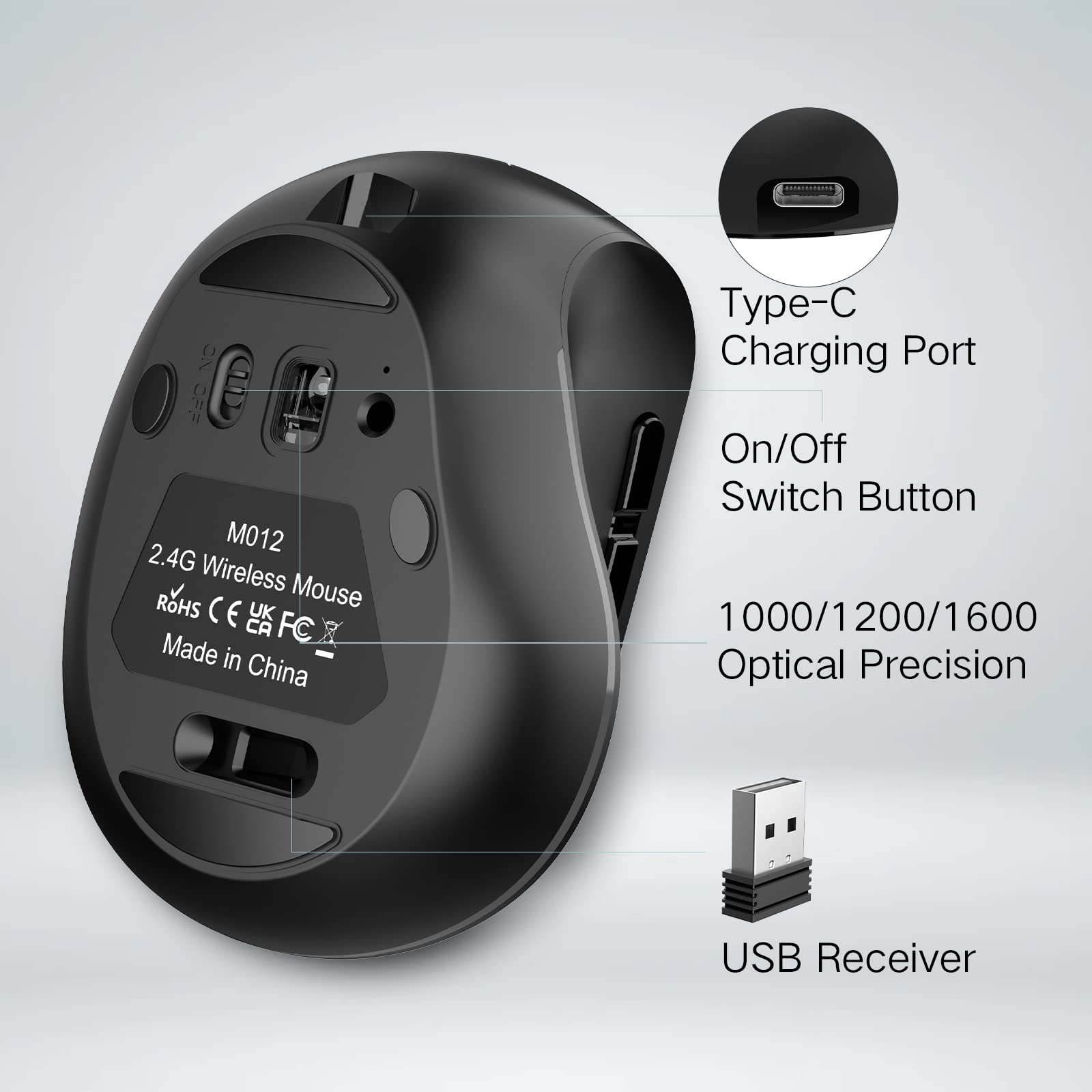 PINKCAT Wireless Ergonomic Vertical Mouse - 2.4G USB-C Rechargeable, Silent Click, Adjustable DPI (800/1200/1600) for Laptop, PC, Mac - Black | Perfect for Office Work, Gaming & Long Computer Sessions