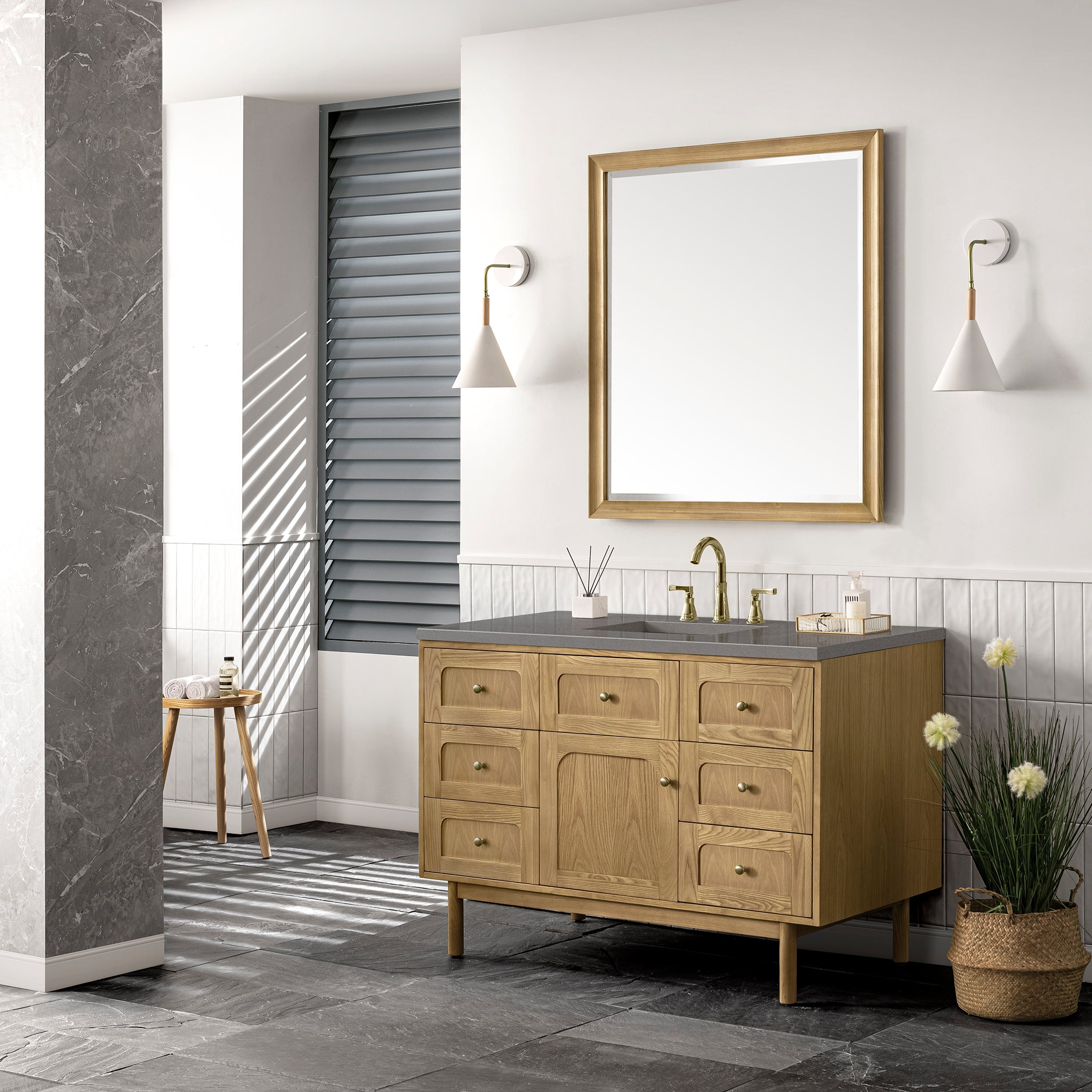 Laurent 48 Inch Single Bathroom Vanity with Light Natural Oak Finish and 3CM Grey Expo Top - Perfect for Modern Home Bathroom Renovation and Small Space Design
