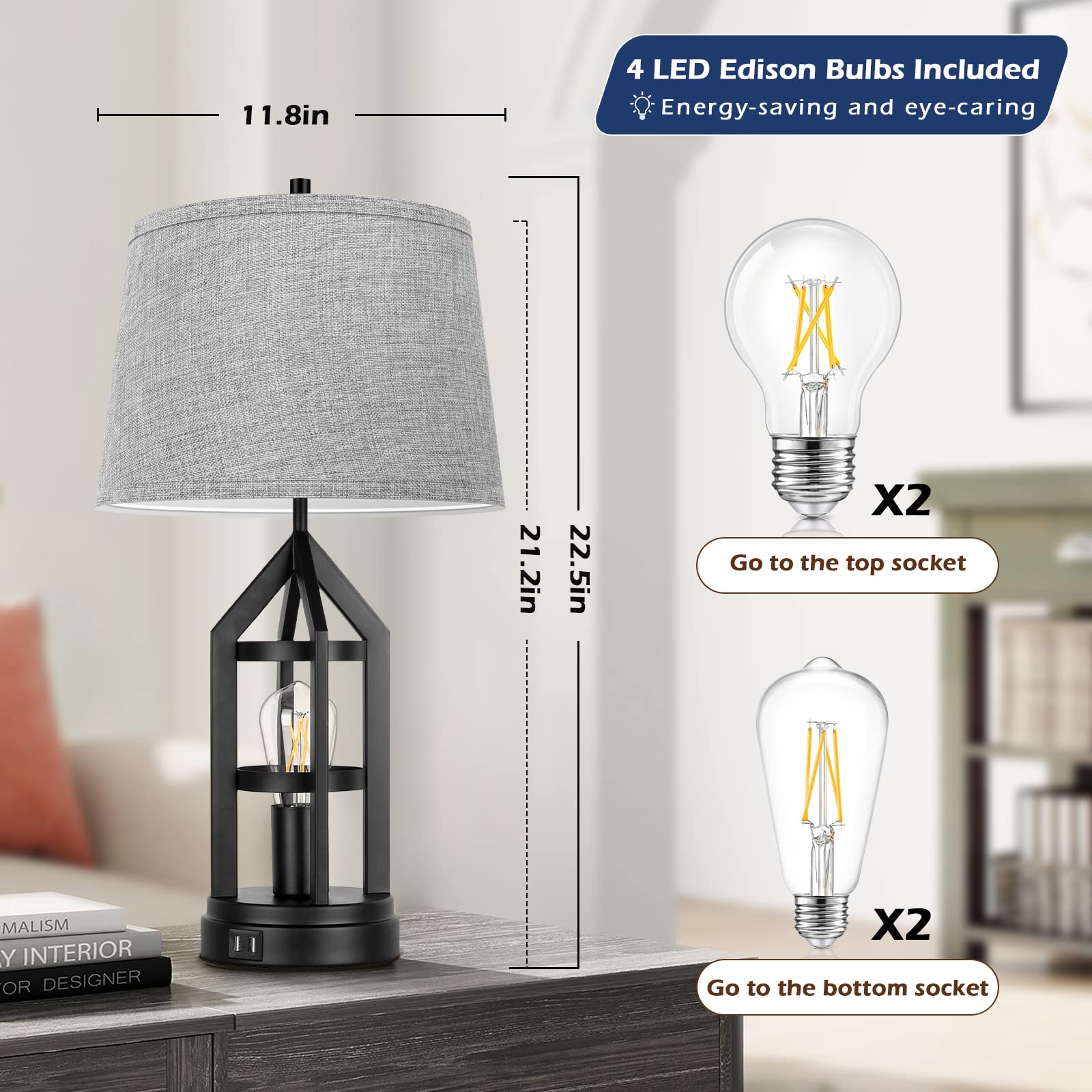 BesLowe 2-Pack Farmhouse Table Lamps - Rustic Grey 3-Way Dimmable Touch Bedside Lamps with 2 USB Ports & LED Bulbs Included - Perfect for Bedroom Nightstands and Living Room End Tables | Cozy Reading & Ambient Lighting