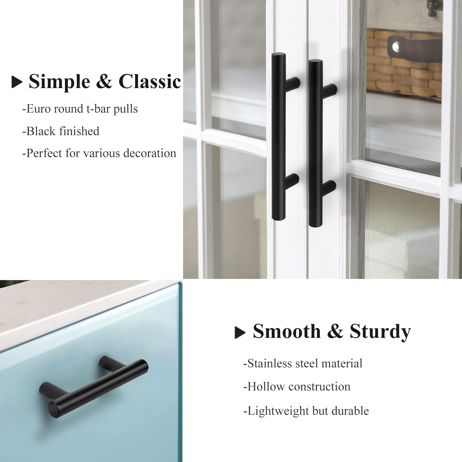 Probrico 5-Pack Black Cabinet Handles - 3-3/4 Inch Hole Centers, 6 Inch Total Length, Euro T-Bar Drawer Pulls for Kitchen Cabinets, Dressers & Furniture Hardware | Durable & Stylish Upgrade for Home & Office Storage