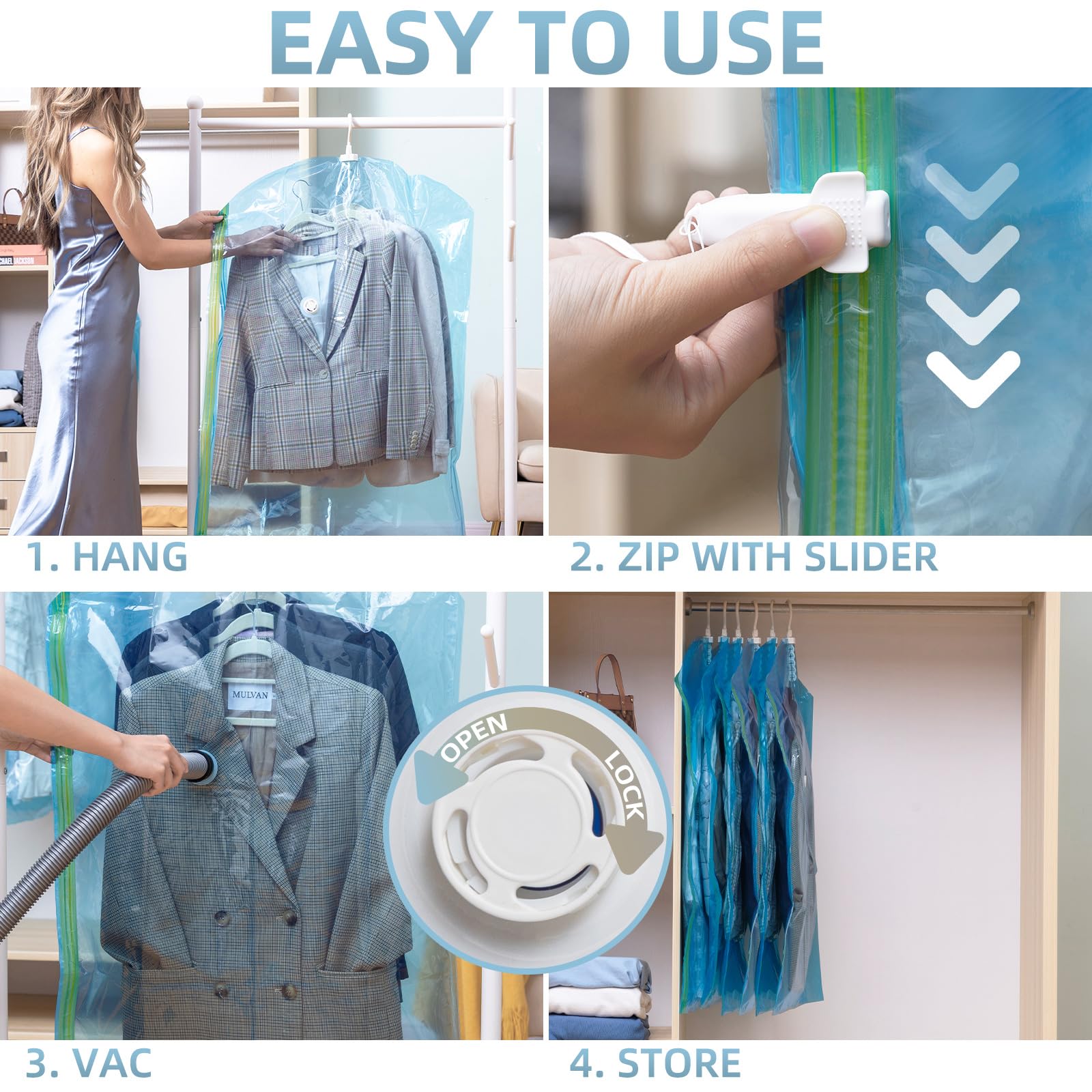 Vacuum Storage Bags 4 Pack (41.3x27.6 Inch) - Space Saving Hanging Garment Bags for Clothes, Jackets, Suits & Dresses | Closet Organizer for Seasonal Clothing Storage | Perfect for Travel, Moving & Home Organization