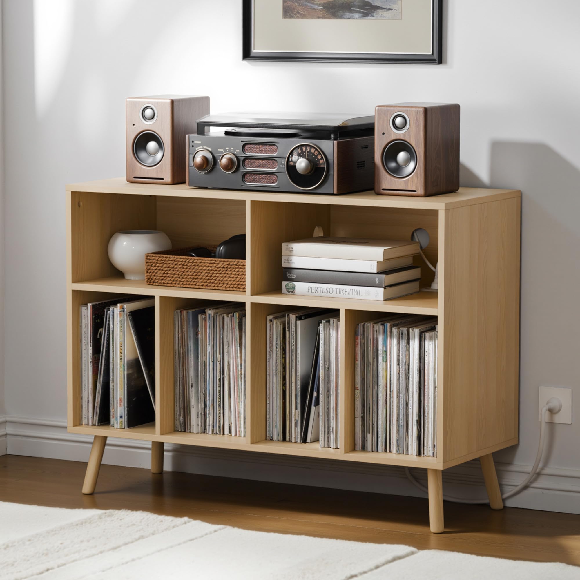 Cozy Castle Record Player Stand - Vinyl Record Storage Turntable Stand Holds 350+ Albums, Solid Oak Wood Record Holder for Living Room, Office & Music Studio - Perfect for Vinyl Collectors & Audiophiles