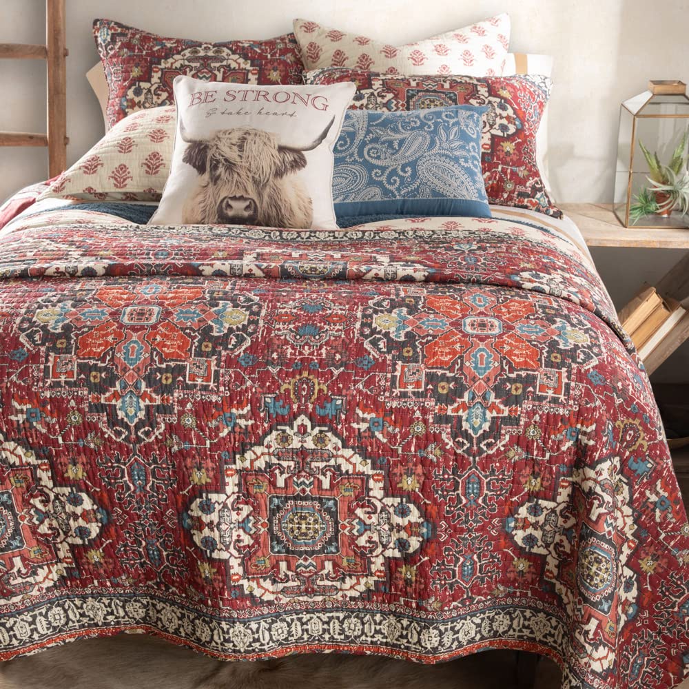 Southwest Medallion Kilim Cotton Reversible Quilt - Red Blue Rust Gray Taupe - Full/Queen Size (88x92in) - Perfect for Bedroom, Guest Room & Southwestern Home Decor
