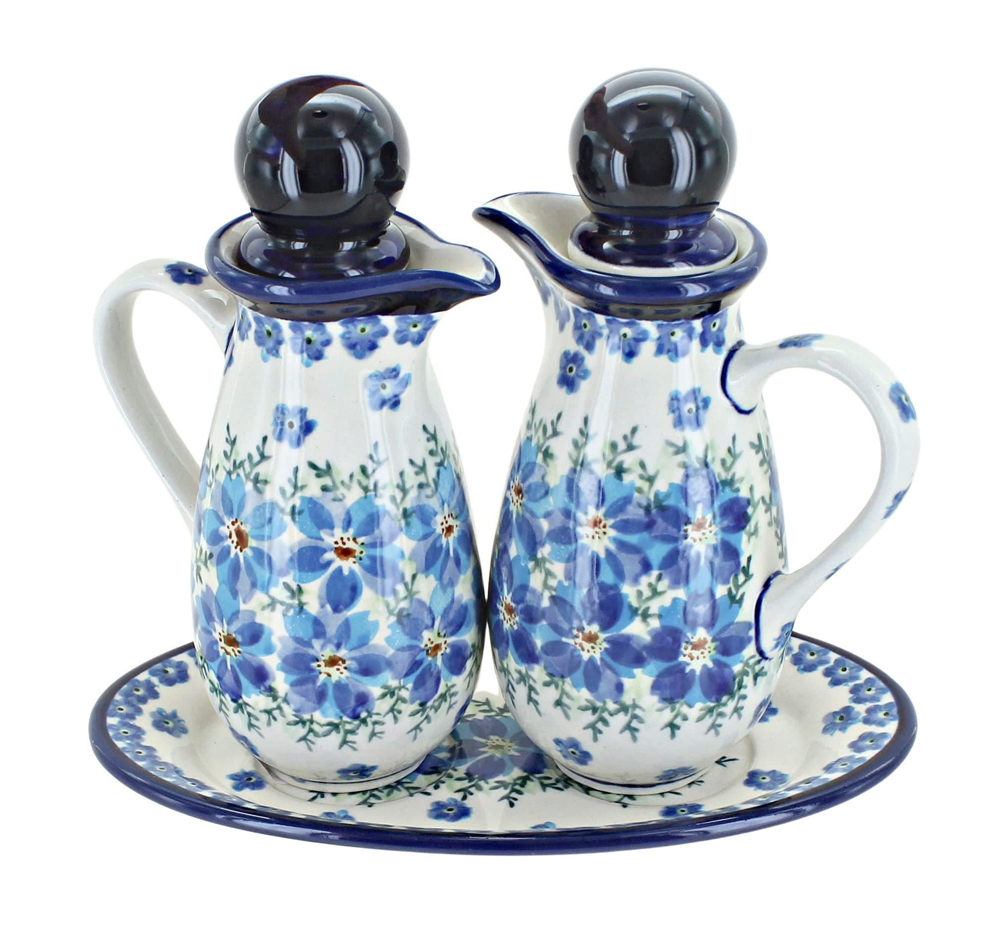 Blue Rose Polish Pottery Kalina Oil & Vinegar Set - Handcrafted Ceramic Cruet Bottles for Kitchen & Dining - Perfect for Olive Oil, Balsamic Vinegar & Salad Dressing