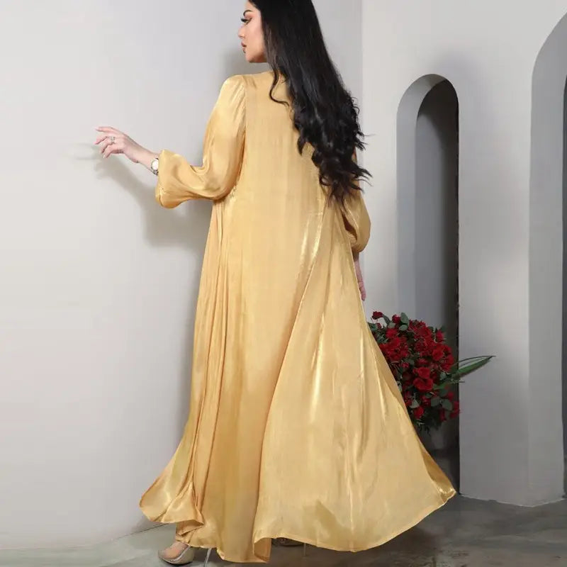 2 Piece Set Bright Satin Open Abaya Dress with Inner Sleeveless Dress - Muslim Prayer Dress, Eid Outfit, Ramadan Fashion, Modest Evening Wear for Women