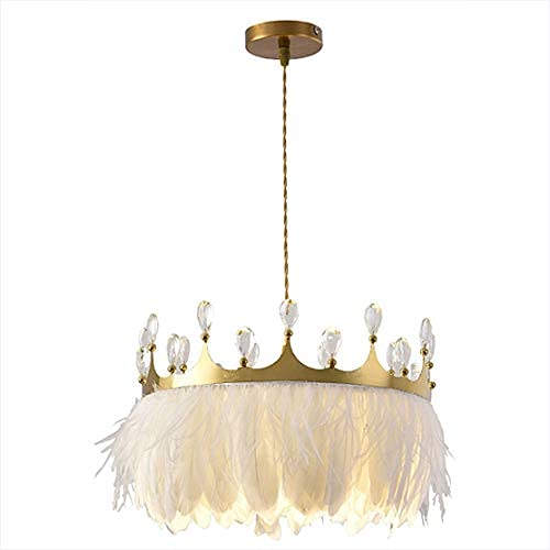 Modern White Feather Pendant Lamp with Gold Crown Crystal Chandelier - Adjustable Flexible Wire Ceiling Light for Living Room, Bedroom, Nursery & Bar Decor (21.7 inch/55cm) - Elegant Lighting Fixture for Home, Restaurant & Commercial Spaces