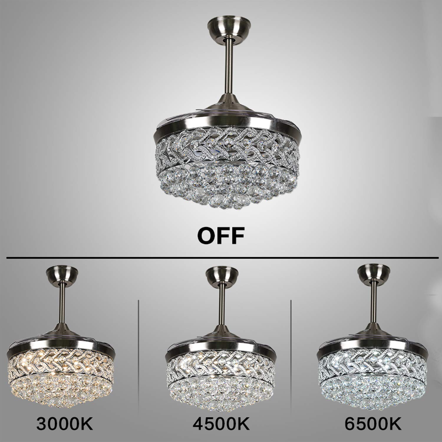 42 Inch Modern Silver LED Ceiling Fan Chandelier with Crystal, Remote Control & Dimmable Lights - Silent Retractable Invisible Fan for Dining Room, Living Room & Bedroom
