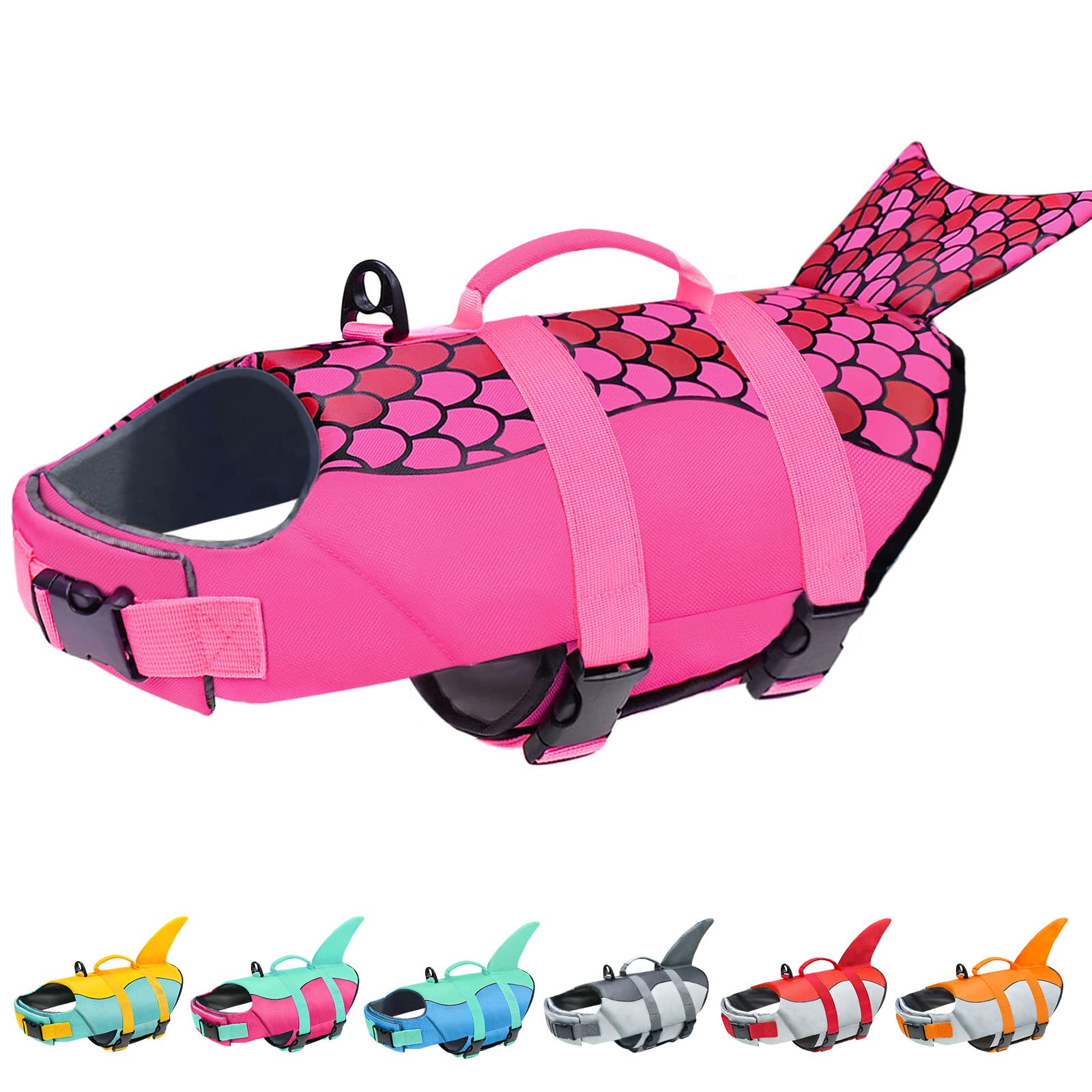 Malier Dog Life Jacket - Adjustable Ripstop Dog Life Vest with High Buoyancy & Rescue Handle for Small, Medium & Large Dogs - Shark Design Pet Life Preserver for Swimming, Boating & Water Safety