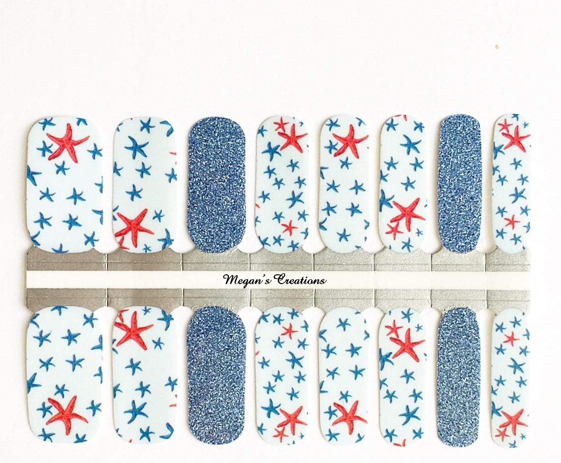 Summer Blue Glitter Starfish Nail Polish Wraps - DIY Nail Art Strips for Beach Vacation, Pool Party & Summer Nail Designs