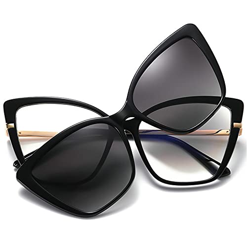 Fashion Cat Eye Reading Glasses for Women with Clip-On Polarized Sunglasses - Blue Light Blocking Computer Glasses - Transparent Frame for Work, Reading & Screen Time