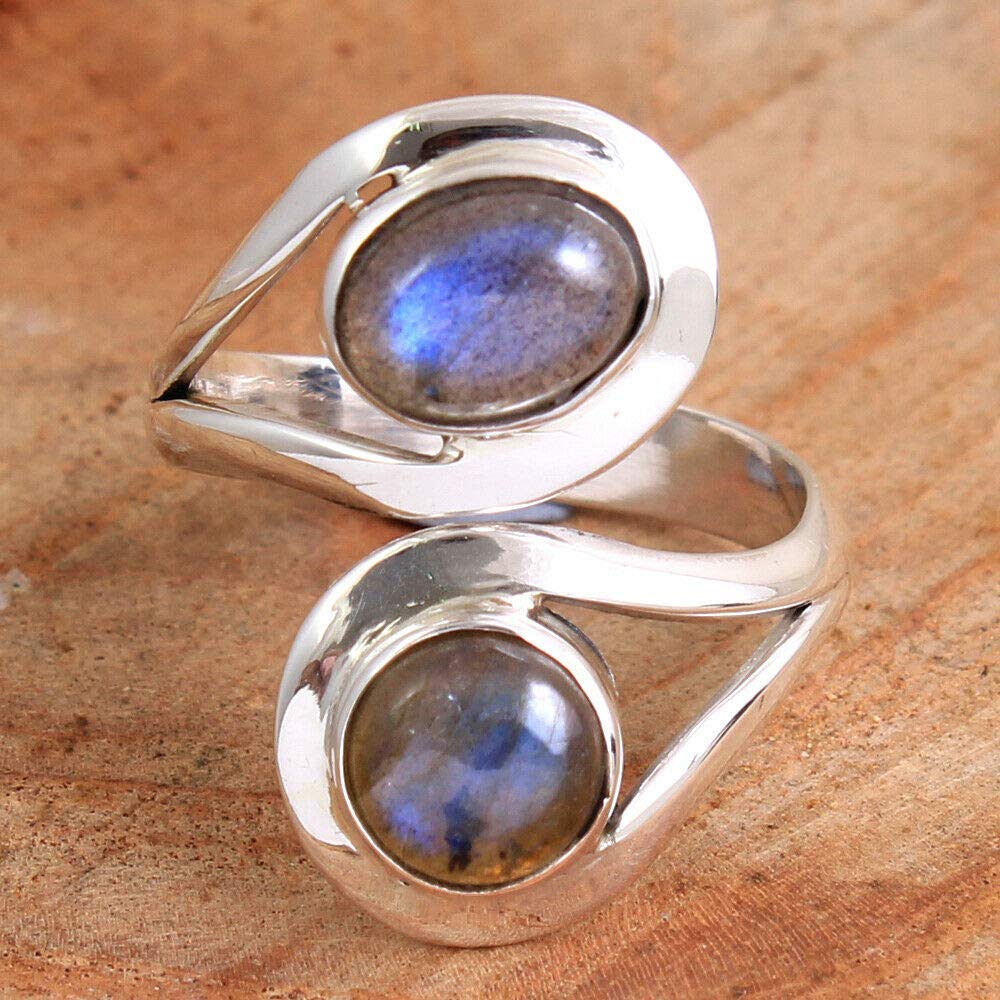 Labradorite 925 Sterling Silver Rings for Women | Blue Oval Gemstone Bridesmaid Rings | 2-Stone Bezel Set Handmade Jewelry | Perfect for Weddings, Engagements & Special Occasions