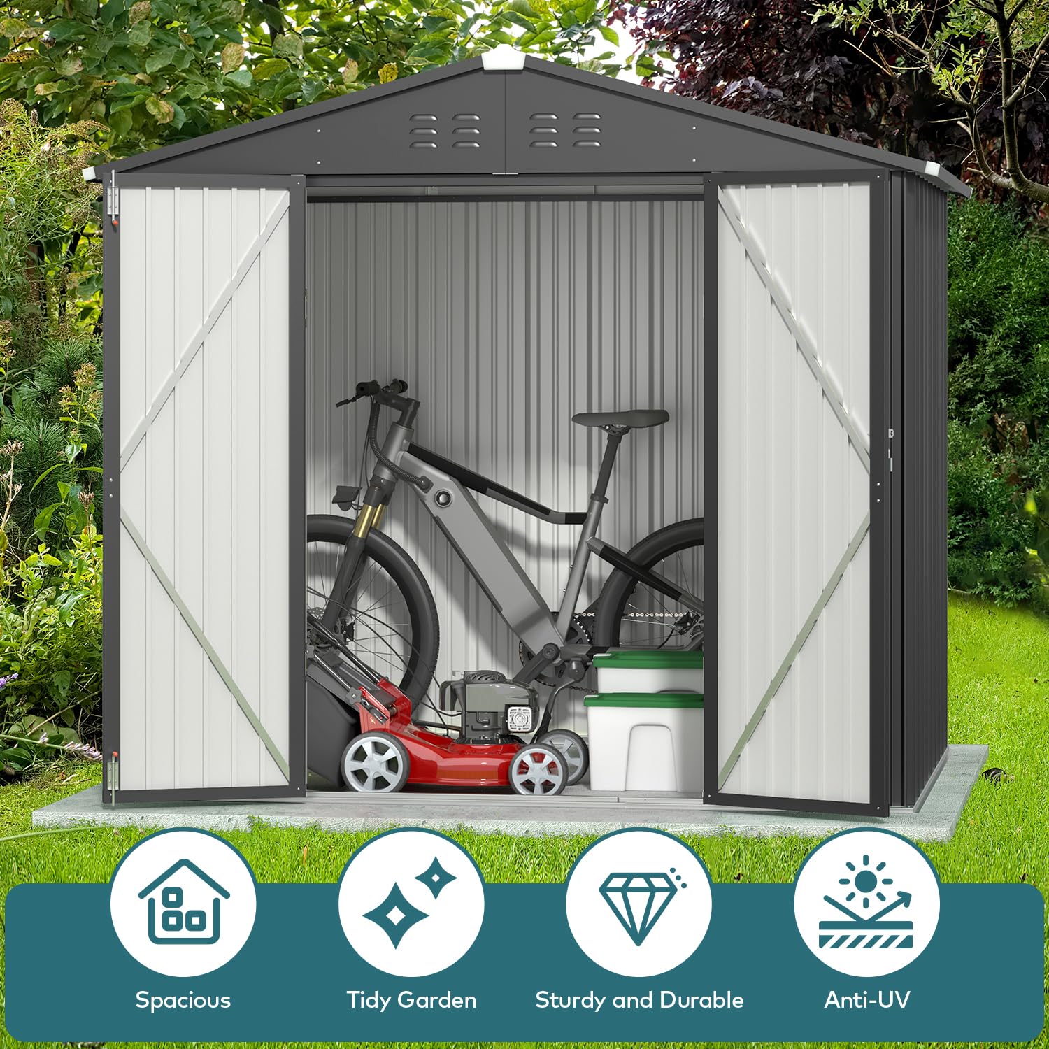 Gizoon 8x6 FT Galvanized Metal Outdoor Storage Shed - Double Lockable Doors, Weatherproof Garden Shed for Backyard, Patio & Lawn Organization (Dark Grey) | Perfect for Storing Tools, Equipment & Seasonal Items