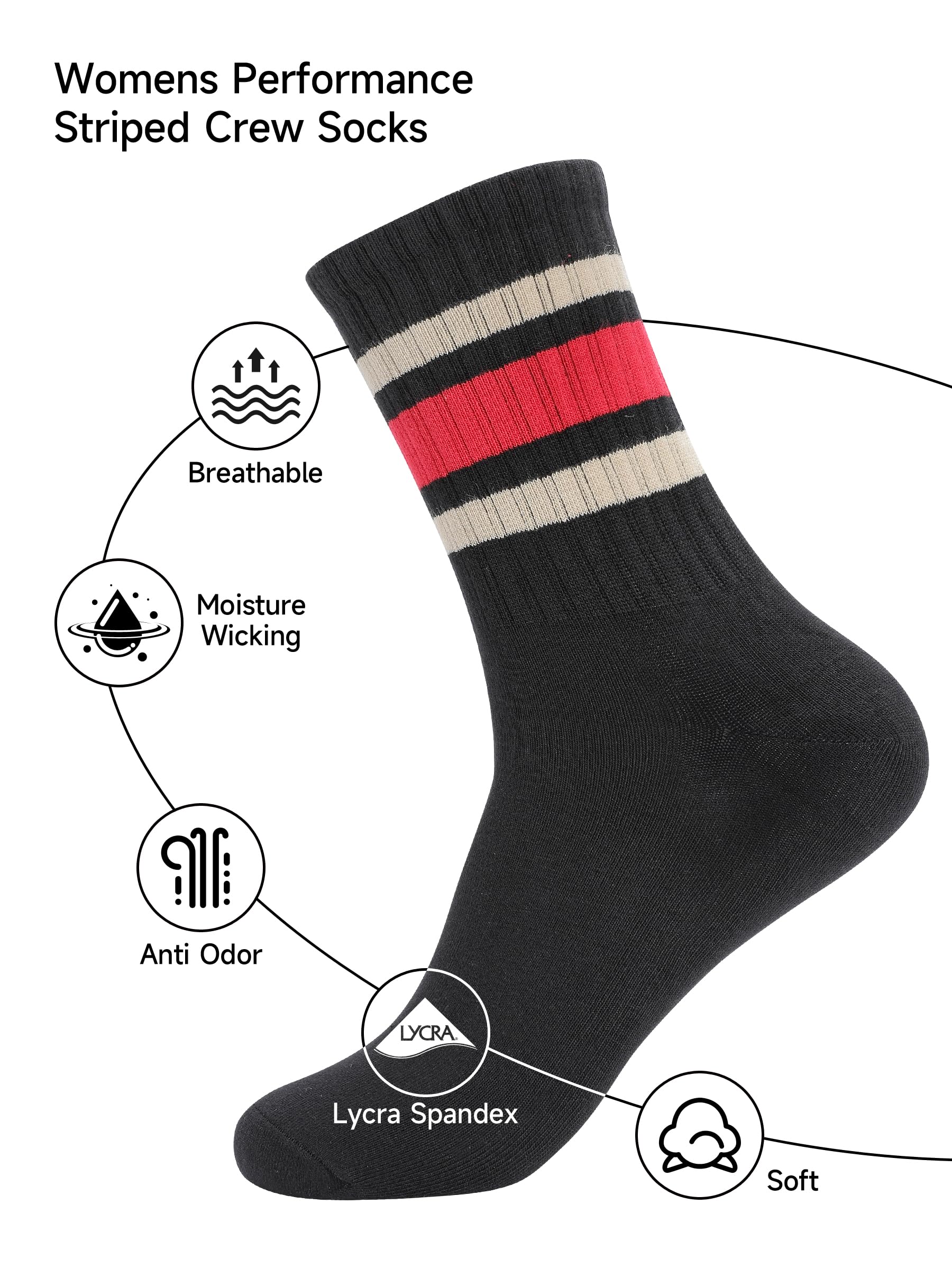 Women's Quick Dry Anti Odor Crew Socks - Retro Striped Cotton for Sports & Daily Wear
