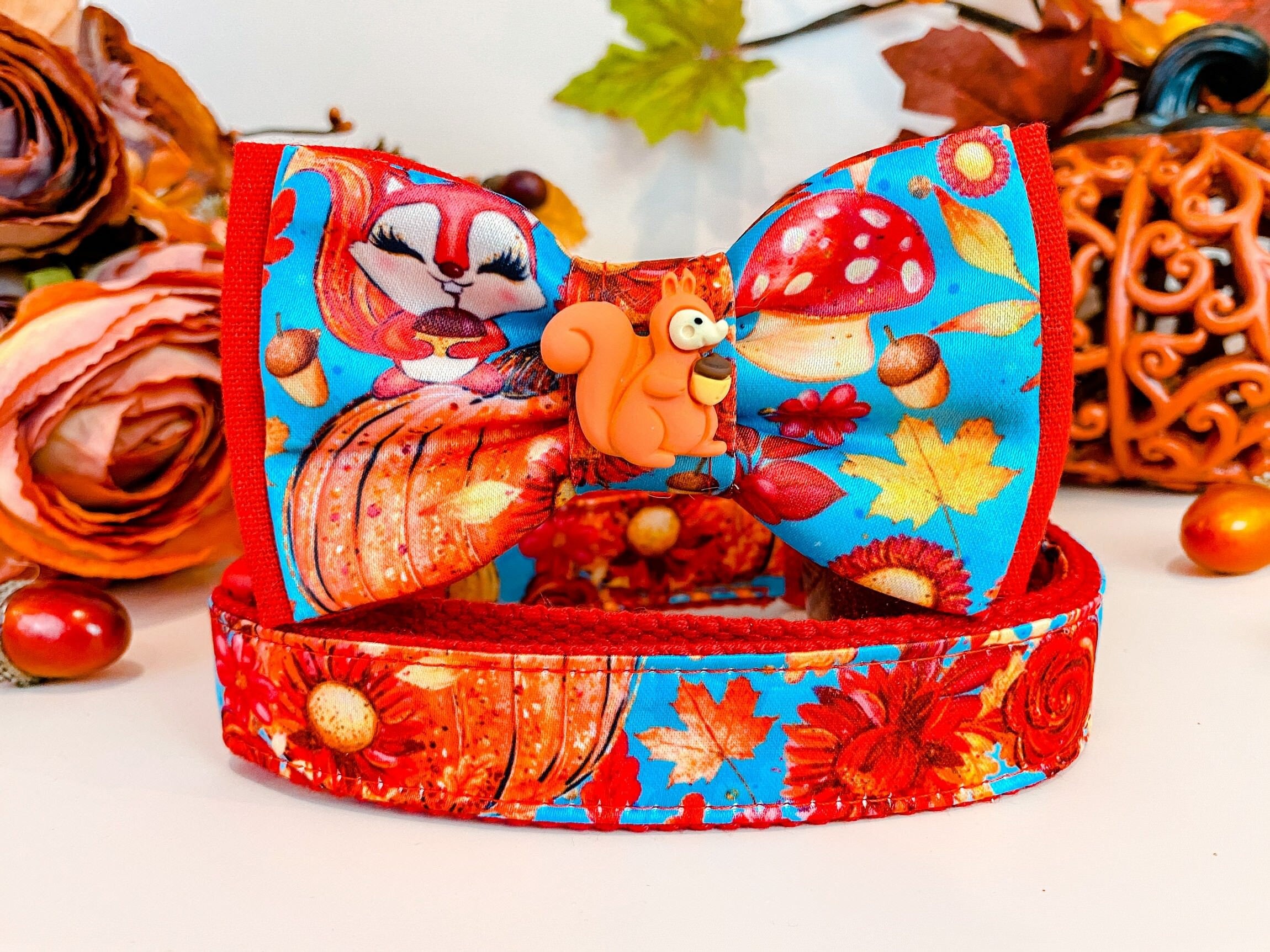 Stylish Dog Collar with Adorable Bow Tie - Squirrel, Flowers & Pumpkins Design - Perfect for Pet Parties, Photo Shoots & Daily Walks