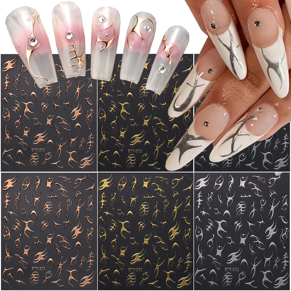 3D Gold & Silver Fish Bone Nail Art Stickers - Holographic Stripe Graffiti Design, Champagne Gold Geometric Nail Decals (6 Pcs) - Perfect for Manicures, French Nails & DIY Nail Art Decorations