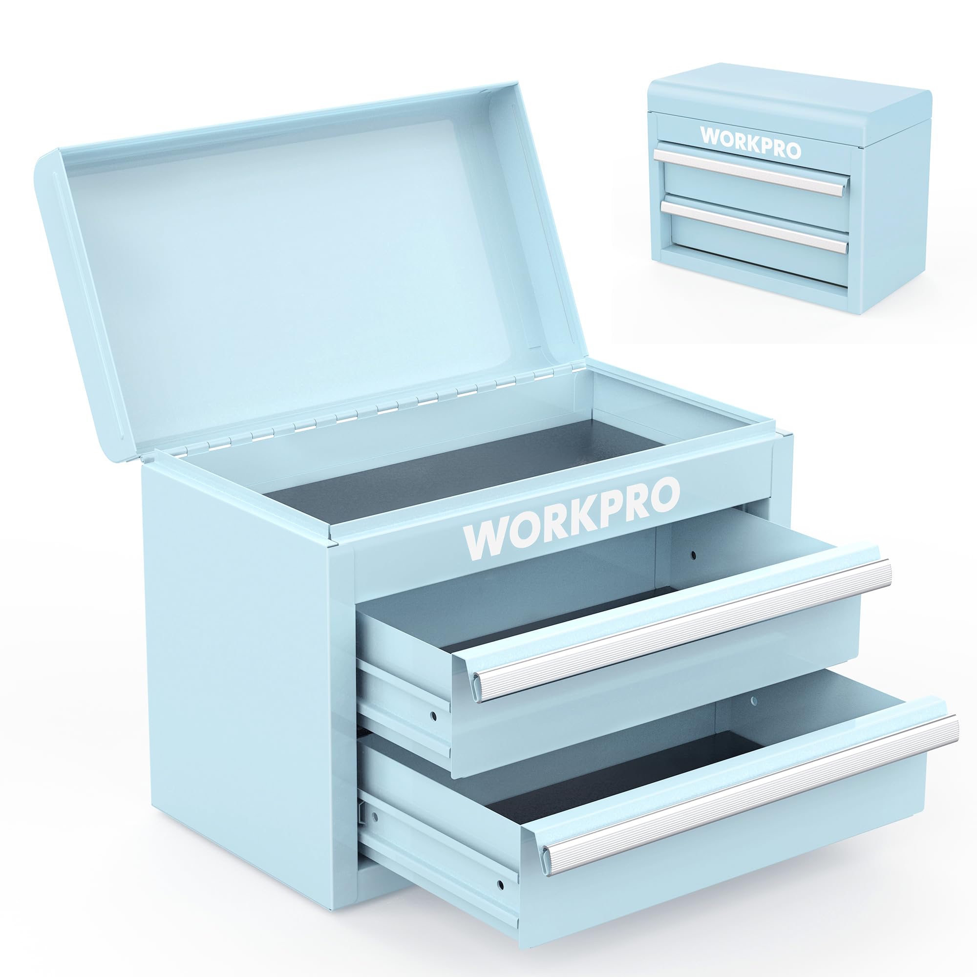 WORKPRO Mini Metal Tool Box with 2 Drawers & Top Storage - Small Steel Tool Chest with PVC Liners, PP Feet Pads & Magnetic Tab | Durable Cold Rolled Steel Construction | Perfect for Home Garage, Workshop & DIY Projects