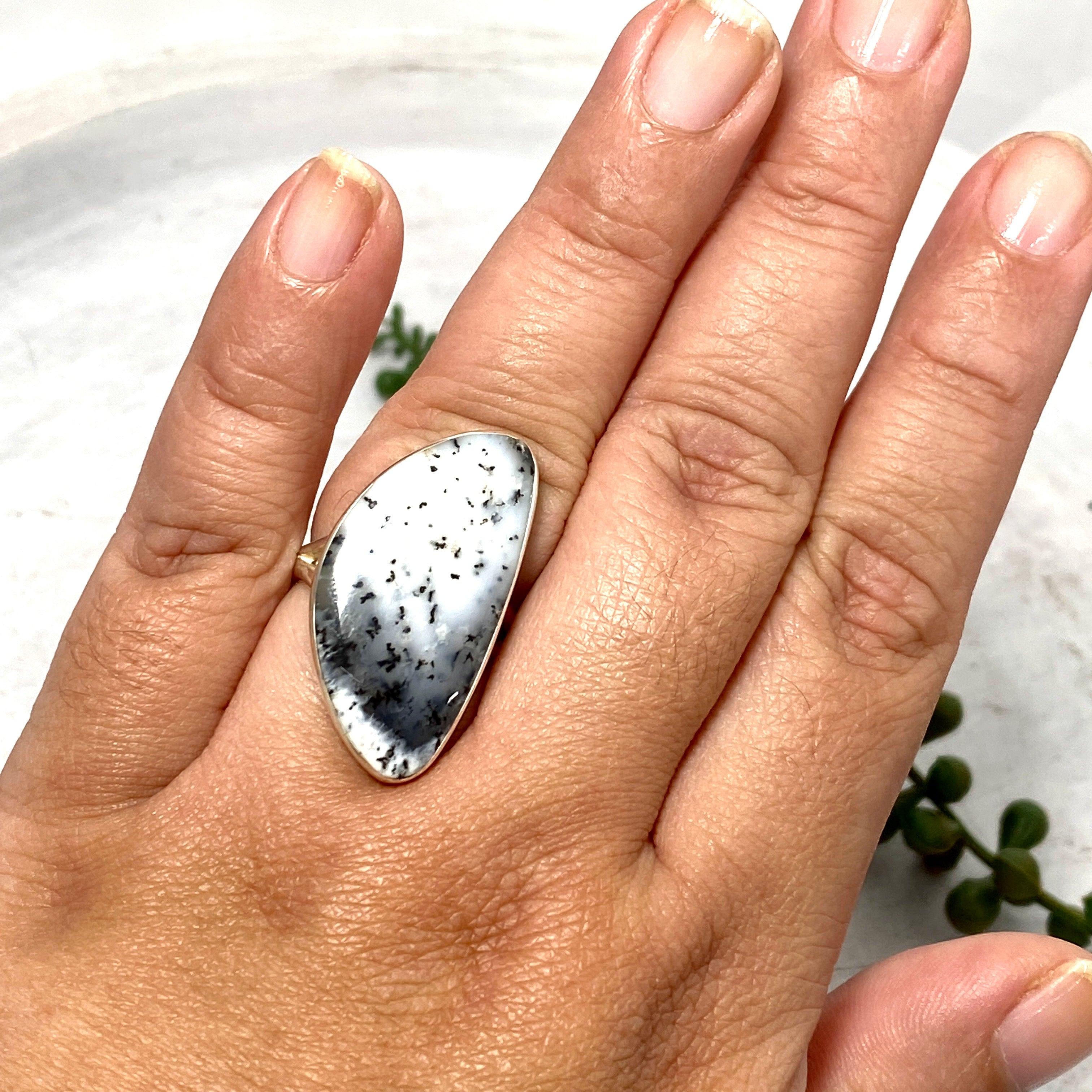 Dendritic Opal Freeform Ring Size 11 - Unique Handmade Silver Jewelry for Women, Perfect for Boho Style & Special Occasions