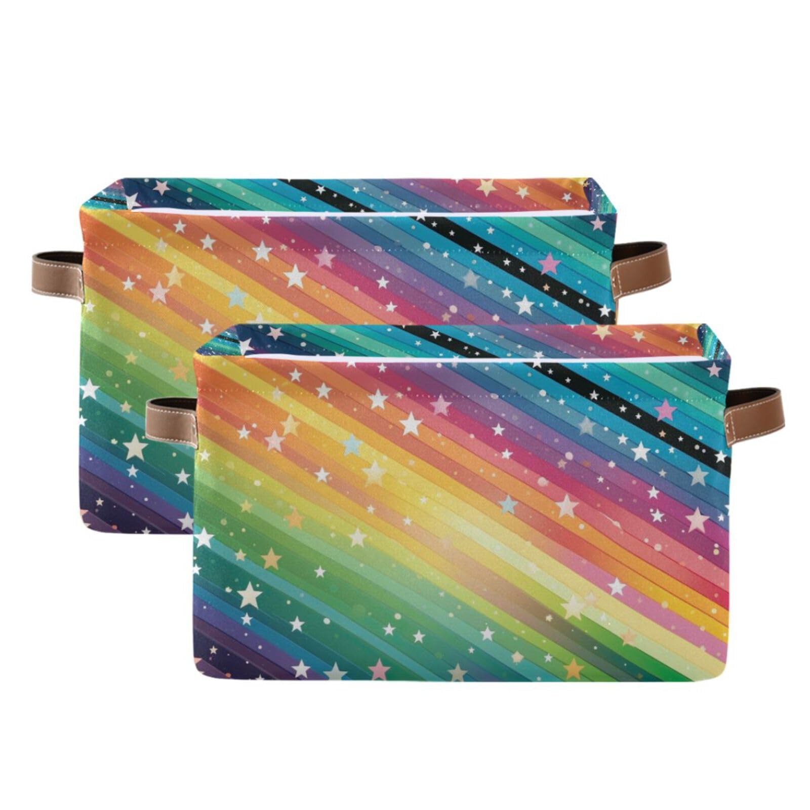 Colorful Striped Stars Foldable Storage Baskets - 2 Pack Rectangle Canvas Fabric Organizer with Handles for Home, Office & Closet - Perfect for Clothes, Toys & Shelf Decoration