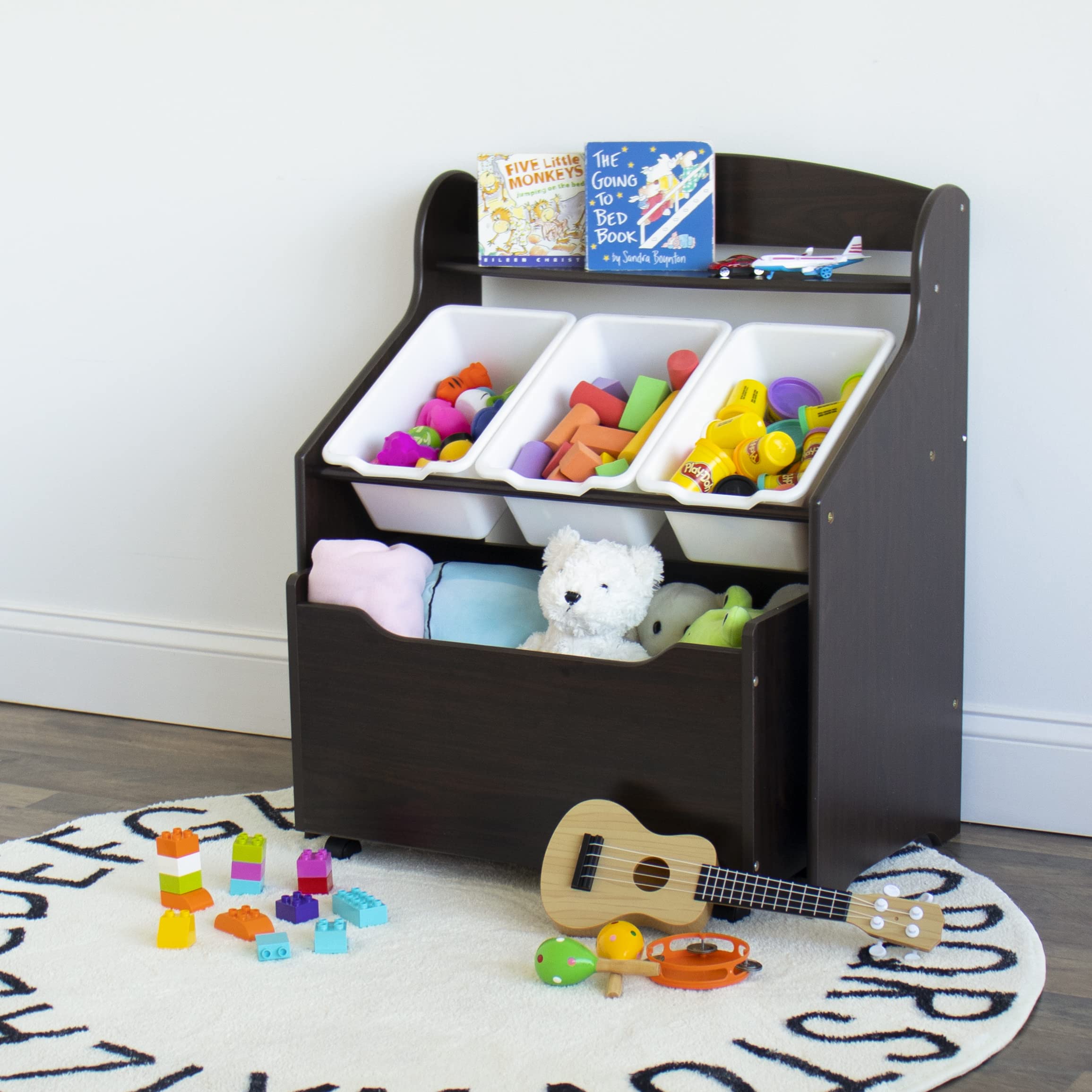Humble Crew Toddler-Size Storage Unit with Rolling Toy Box - Espresso & White - Kids Room Organization & Toy Storage Solution for Playrooms & Daycares